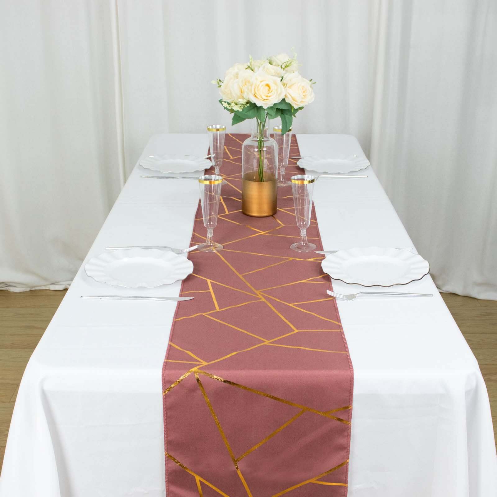 Hot Sale! 9ft Polyester Table Runner in Cinnamon Rose with Gold Foil Geometric Design