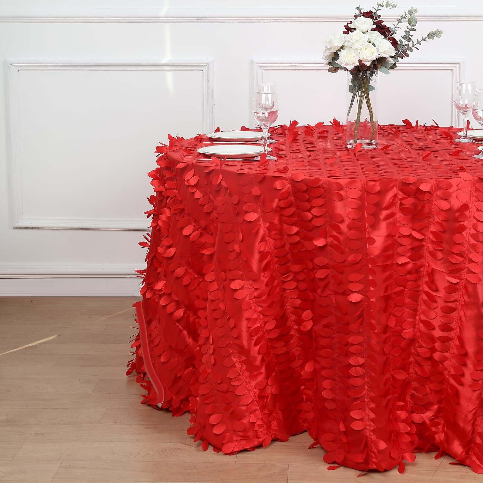 120-Inch Red Seamless 3D Leaf Petal Taffeta Round Tablecloth for 5-Foot Tables