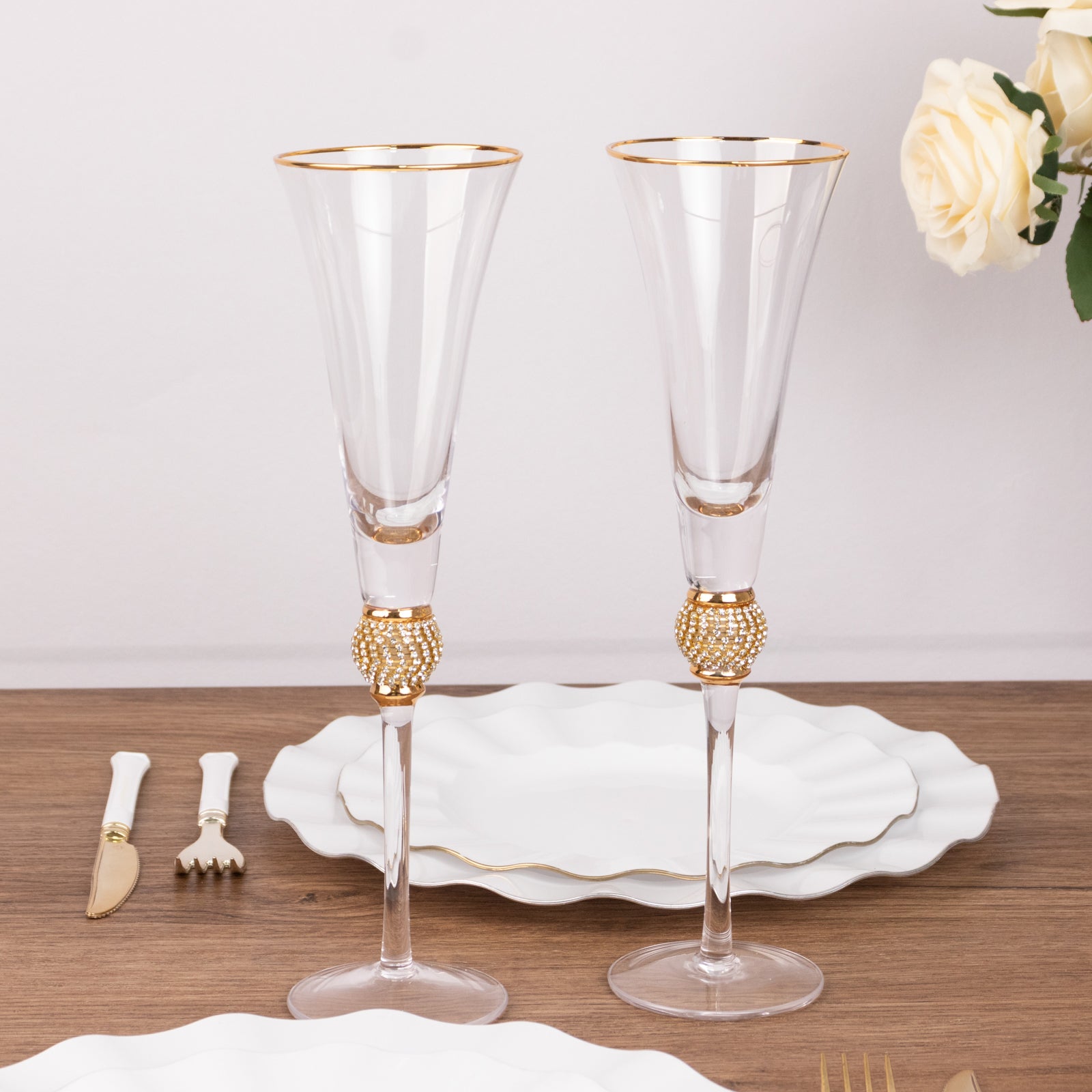 Hot Deal! 6-Pack Clear Champagne Flute Glasses with Gold Rim and Studded Rhinestones, 6oz 11"