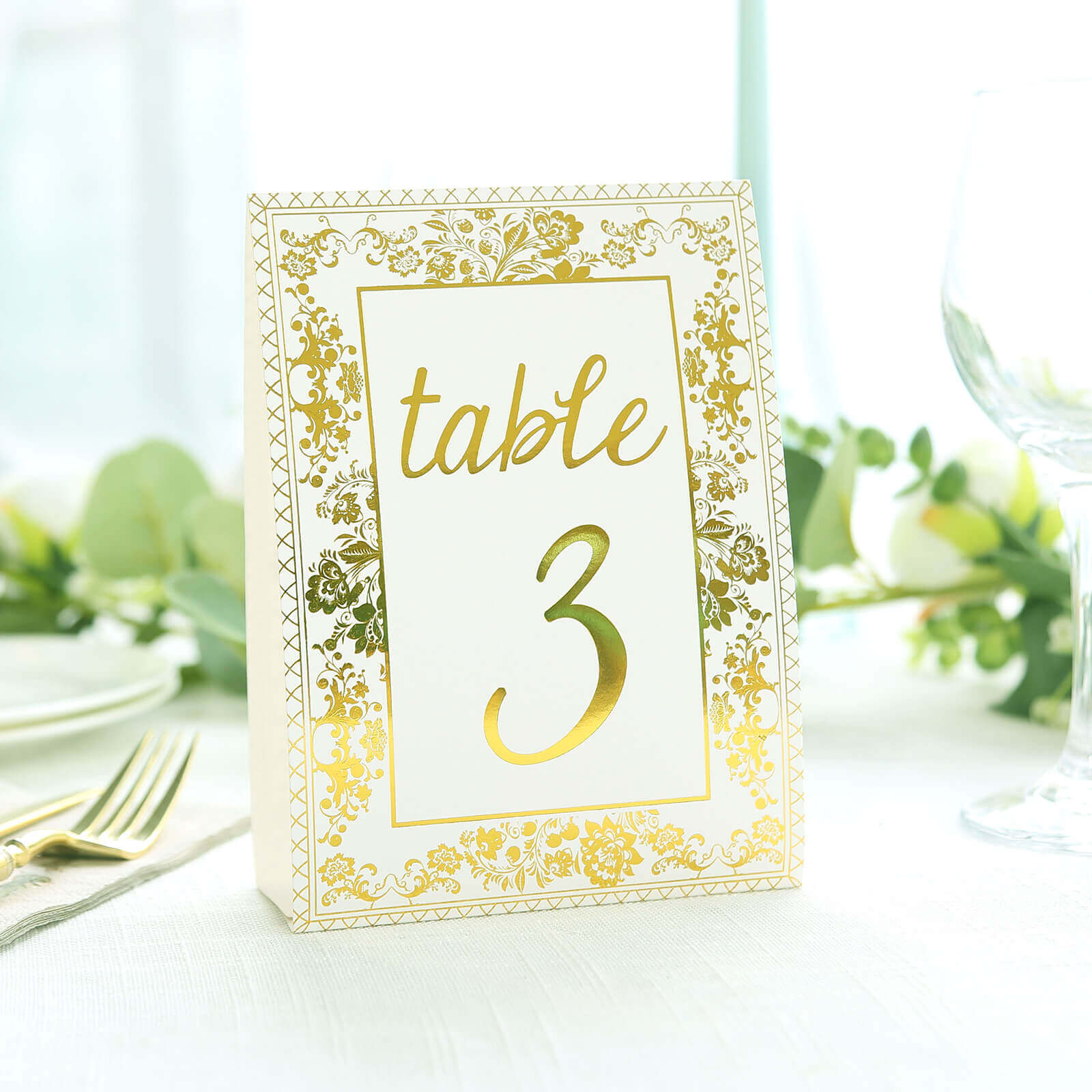 25-Piece Set of Double-Sided Free-Standing Wedding Table Numbers 1-25 in White & Metallic Gold French Toile Style