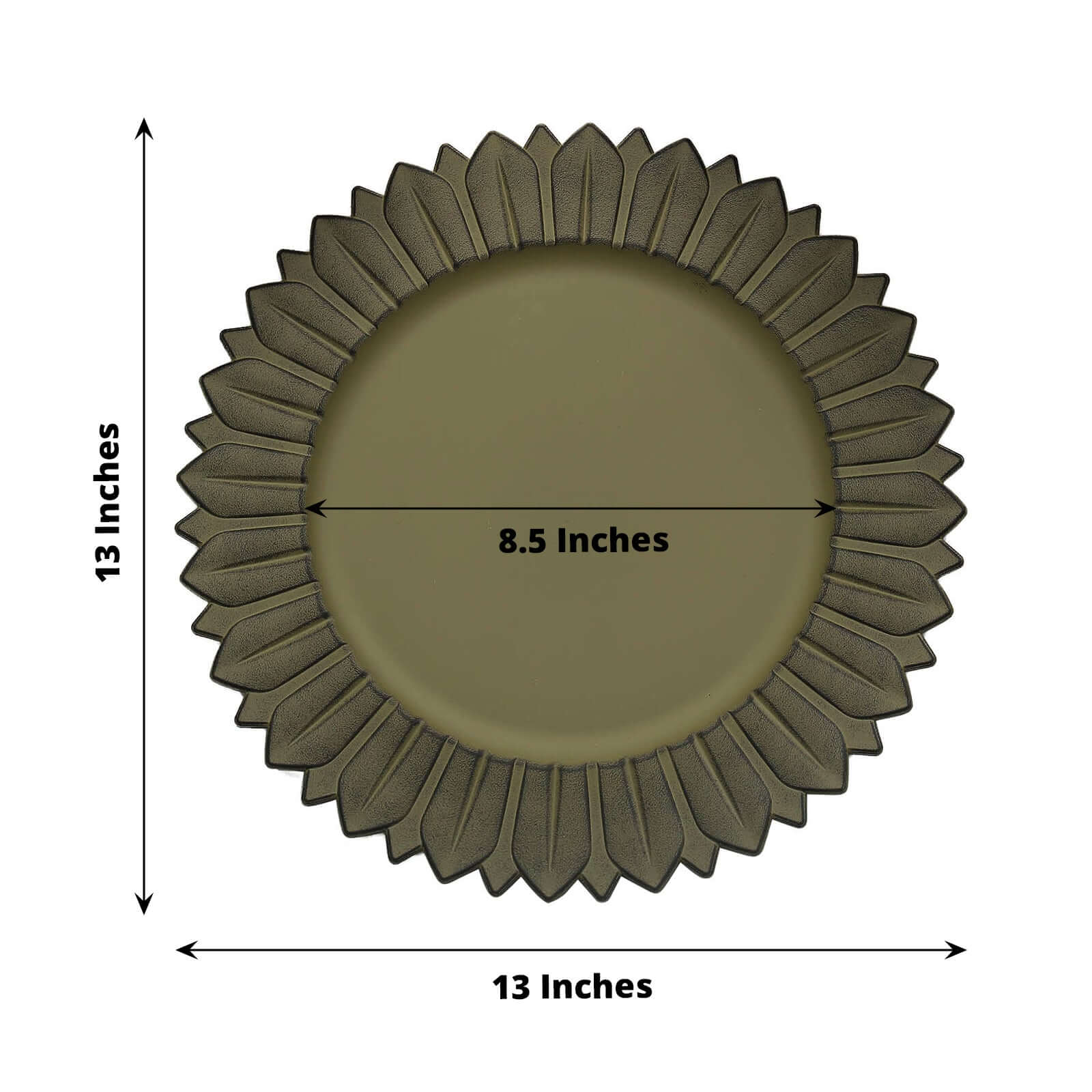 6-Piece Set of 13-Inch Matte Olive Green Plastic Round Charger Plates with Sunflower Rim