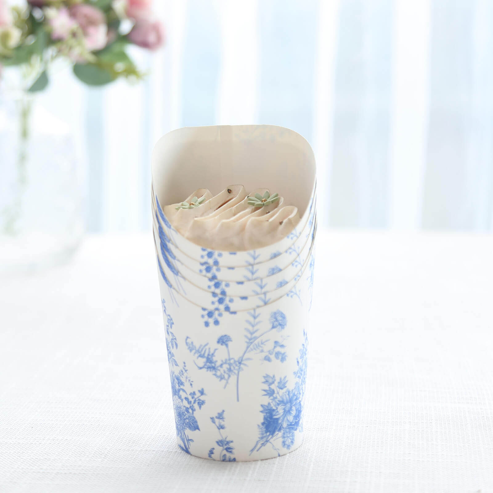 Get 50-Pack 14oz Paper Popcorn Box Cone Cups with French Toile Floral in White & Blue for Snacks