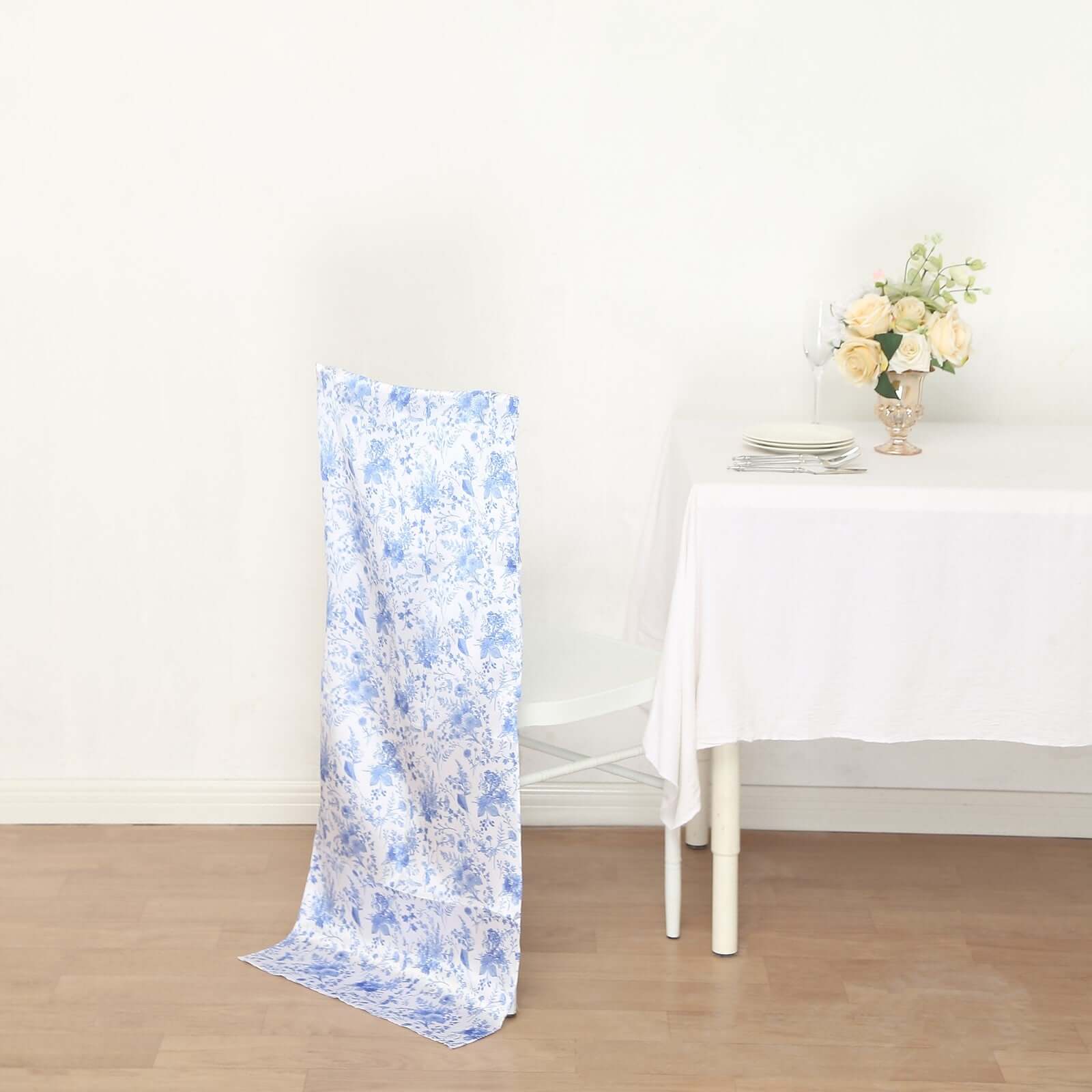 Hot! Satin French Toile Floral Slipcover for Chiavari Chairs in White/Blue - Ideal for Weddings