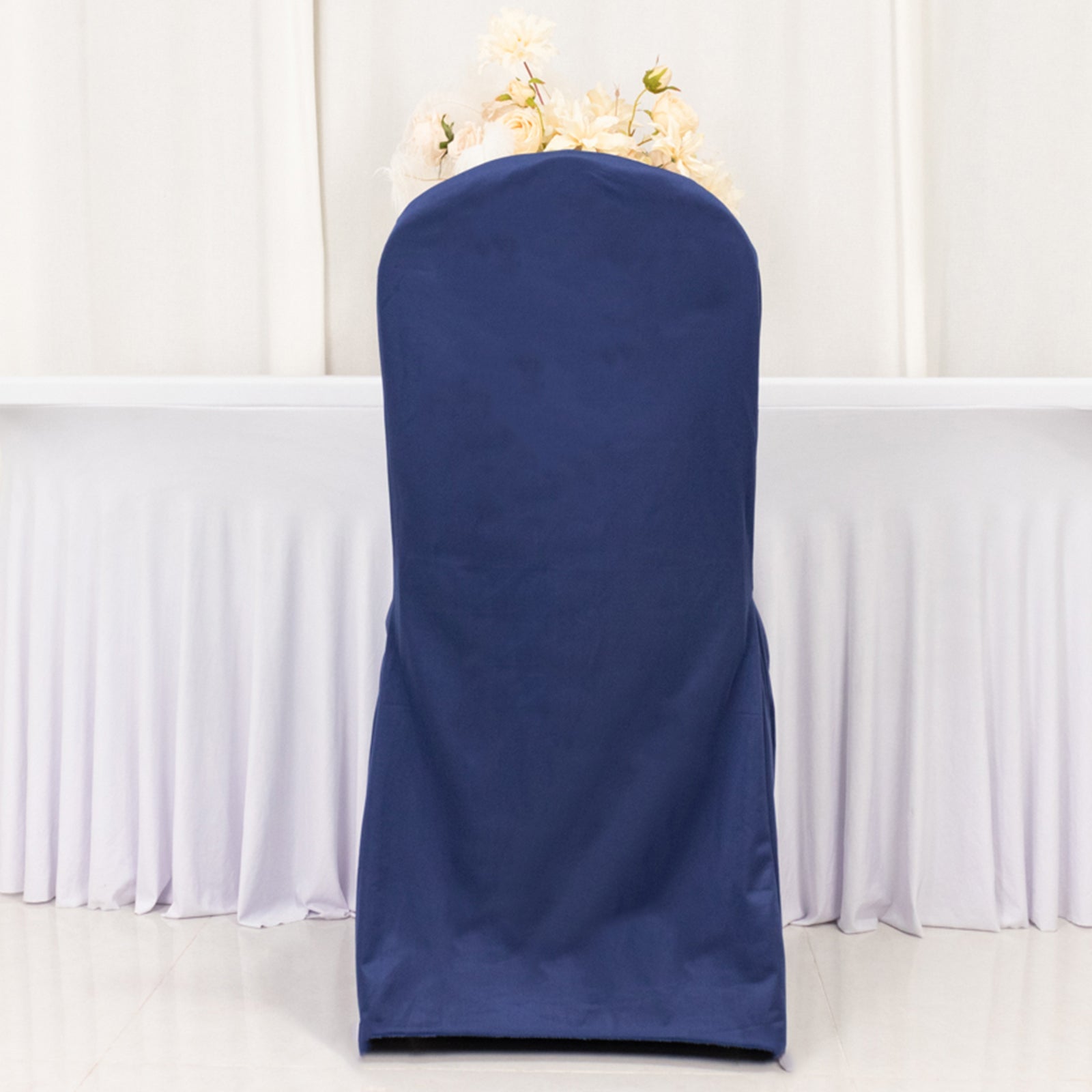 Navy Blue Scuba Stretch Slipcover for Banquet Chairs - Slim, Wrinkle-Free & Durable