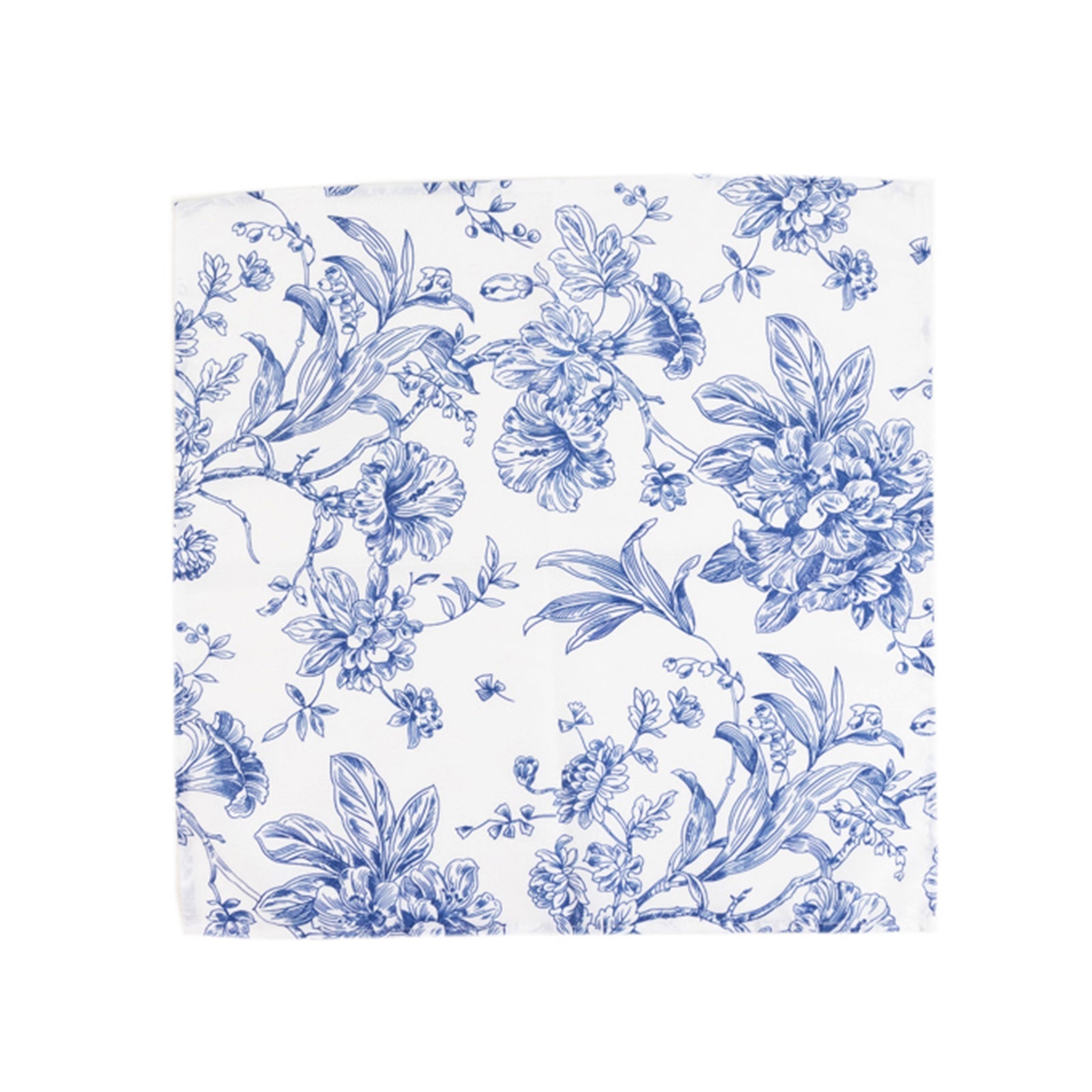 5-Pack Reusable 20x20 Polyester Dinner Napkins in White with Blue French Toile Floral Pattern