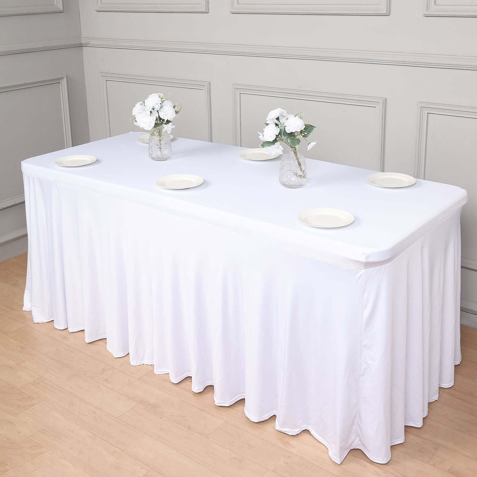 Stylish White Spandex Table Skirt with Wavy Effect for Weddings, Banquets & Trade Shows