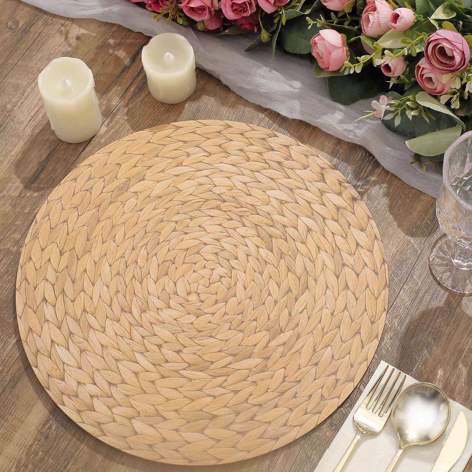 Amazing 6-Pack Disposable Round Cardboard Table Placemats with Woven Rattan Print, 13" Diameter for Rustic Events
