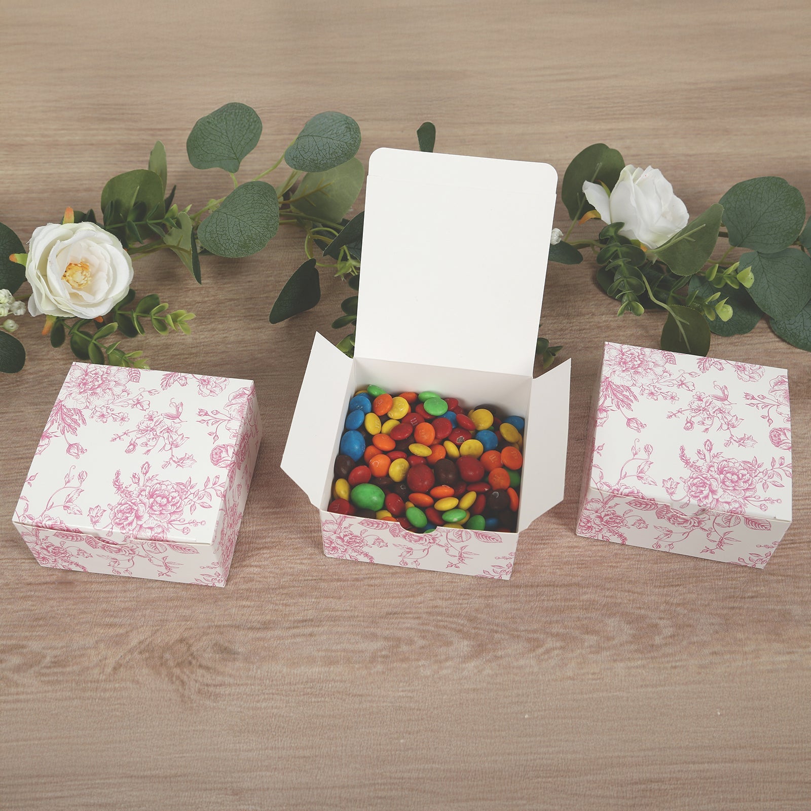 Get 25-Pack Matte Pink & White French Toile Pattern Cardstock Party Favor Candy Gift Boxes (4x4x2)