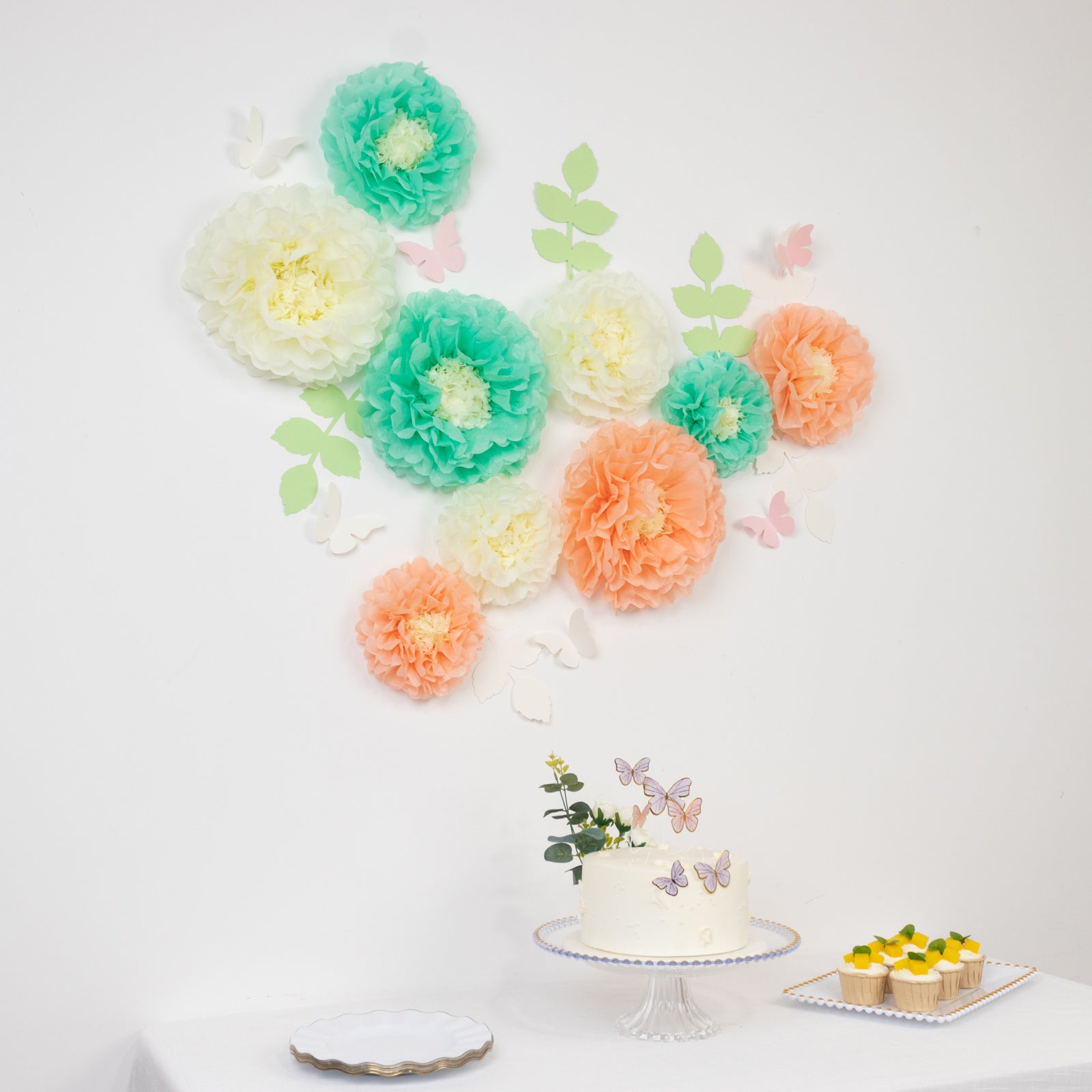 Hot! 21-Piece Tissue Paper Flower Pom Poms Decor Kit - Cream Peach 3D Chrysanthemum Wall Decor with Butterflies & Olive Leaves