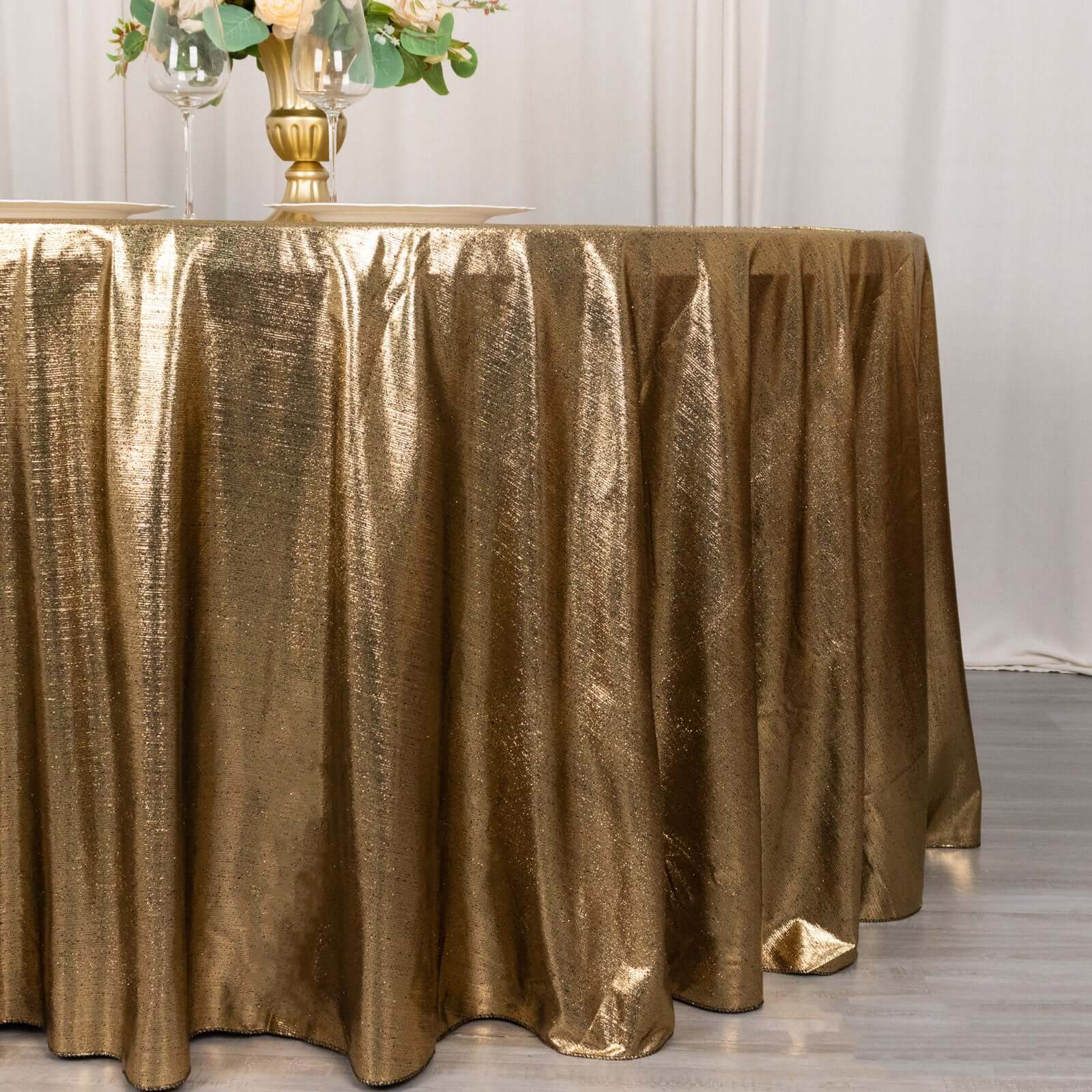 Antique Gold Sequin Dots Polyester 120' Round Wrinkle-Free Sparkling Tablecloth - Ideal for Events