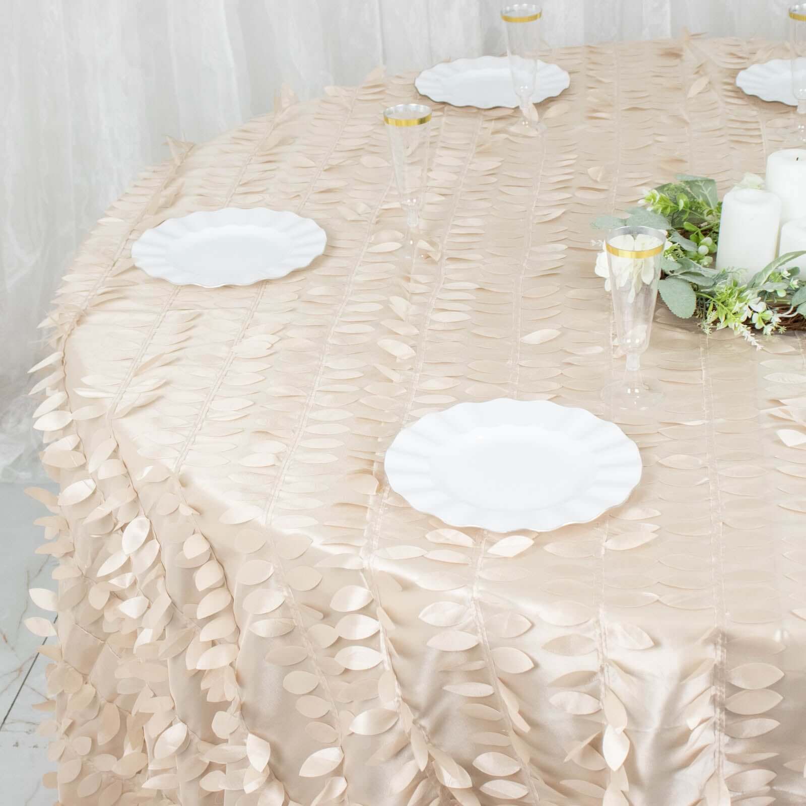 Exclusive Beige 132-Inch Round Taffeta Tablecloth with 3D Leaf Petal Design