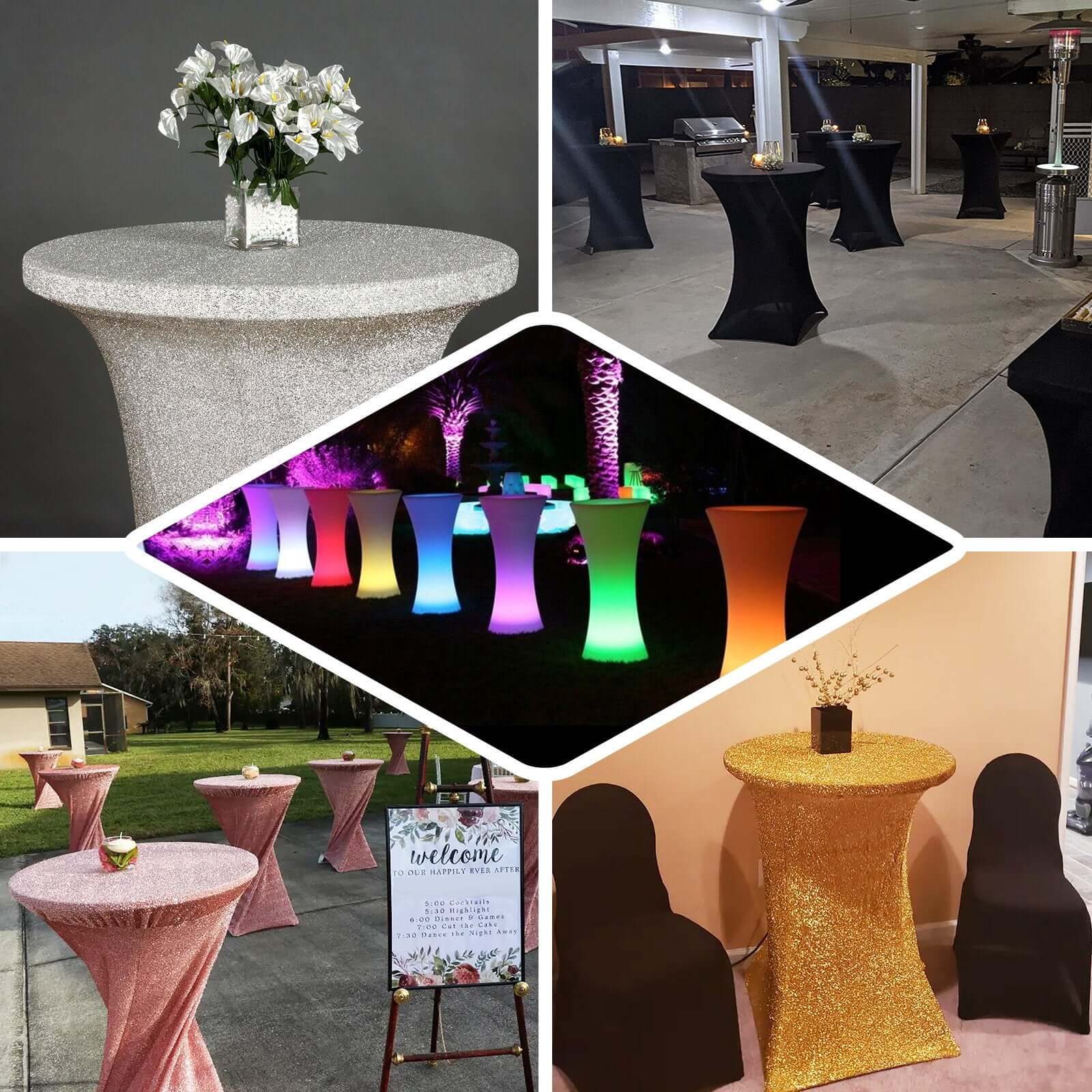 Rose Gold Metallic Spandex Glitter Cocktail Table Cover - Stretch Fit for High Tops