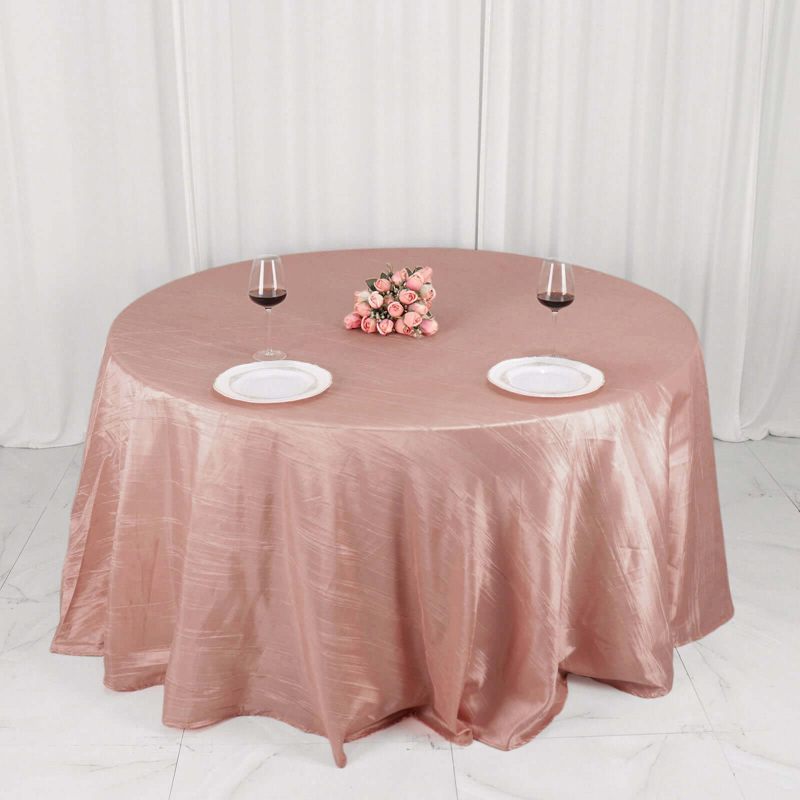 Hot Sale! Seamless Accordion Crinkle Dusty Rose Taffeta 132 Round Tablecloth for Events