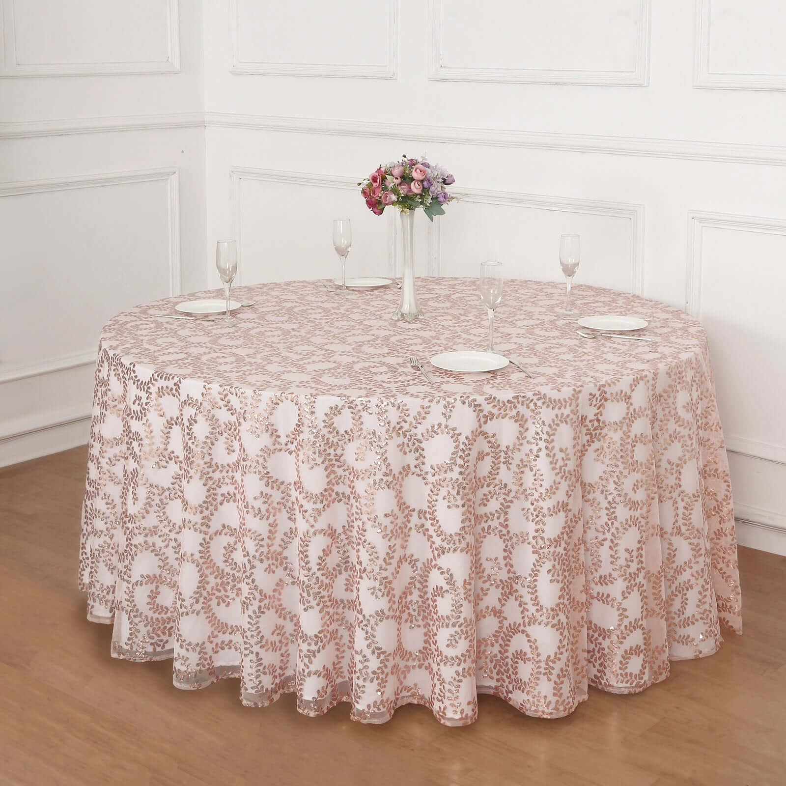 Hot Sale! 120' Round Seamless Rose Gold Tulle Tablecloth with Embroidered Sequin Leaf Design