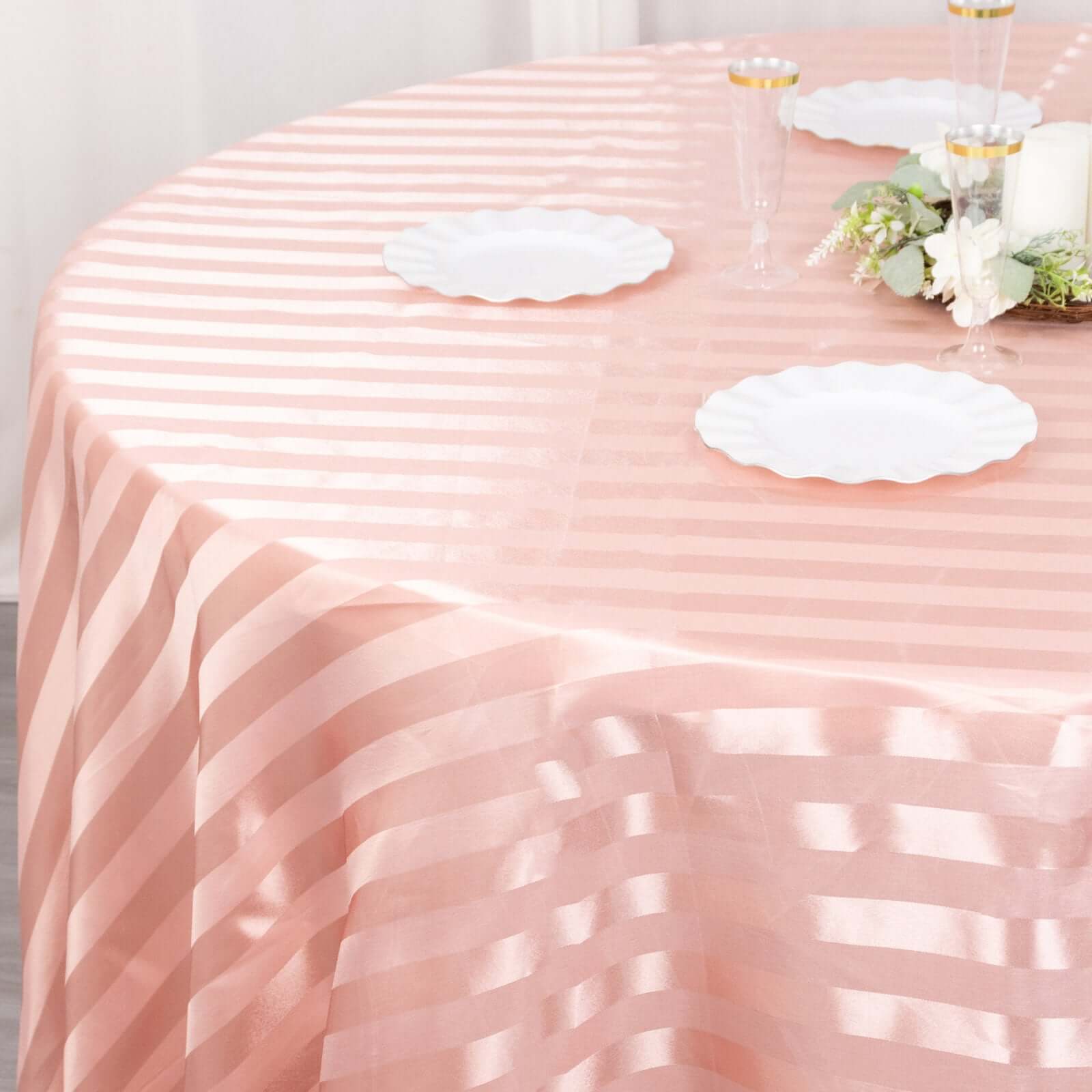 Hot Deal! Silky Seamless Dusty Rose Satin Round Tablecloth with Glossy Stripes, 120' Dia.