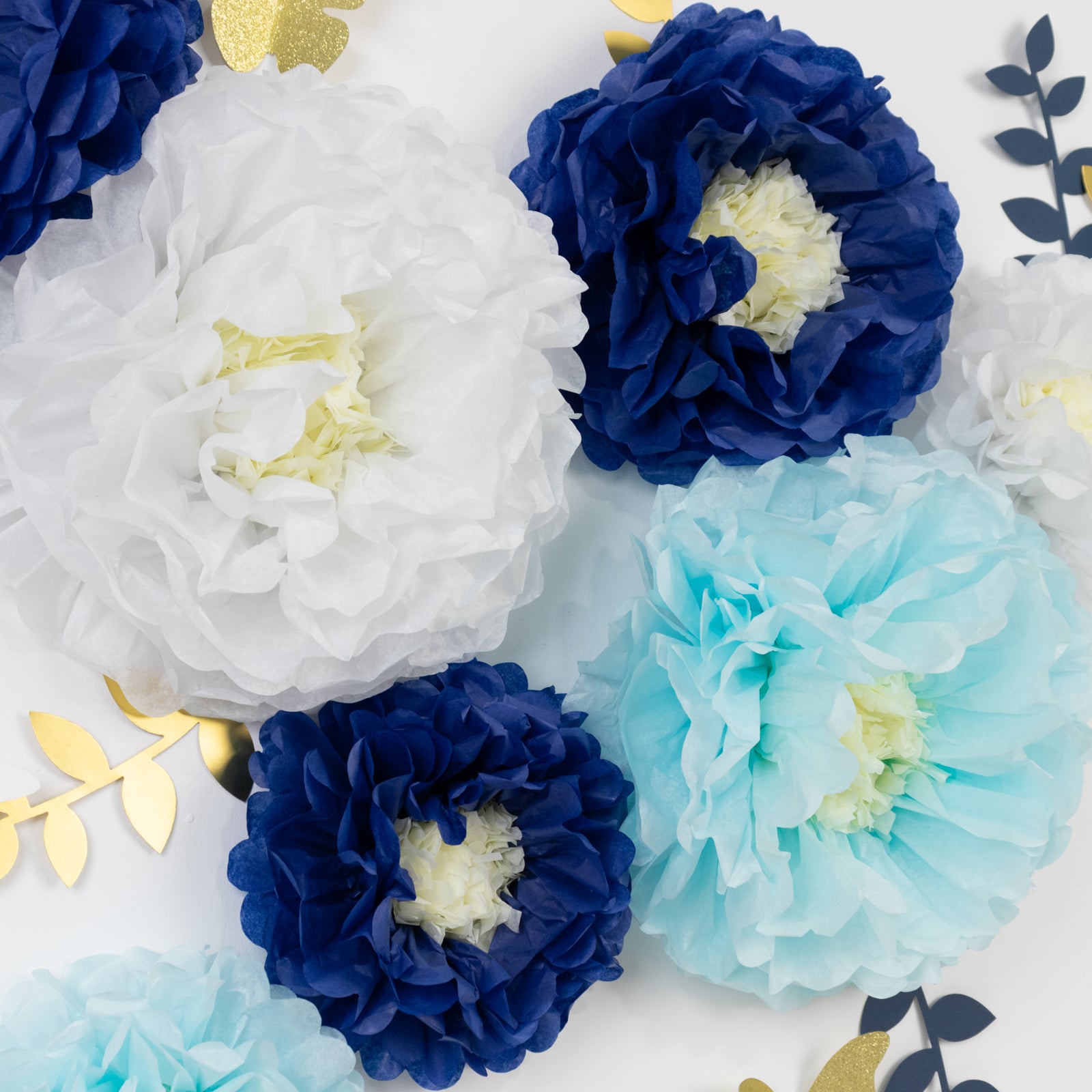 21-Piece Tissue Paper Pom Pom Decor Kit - White & Blue 3D Chrysanthemum Wall Decor with Butterflies & Olive Leaves
