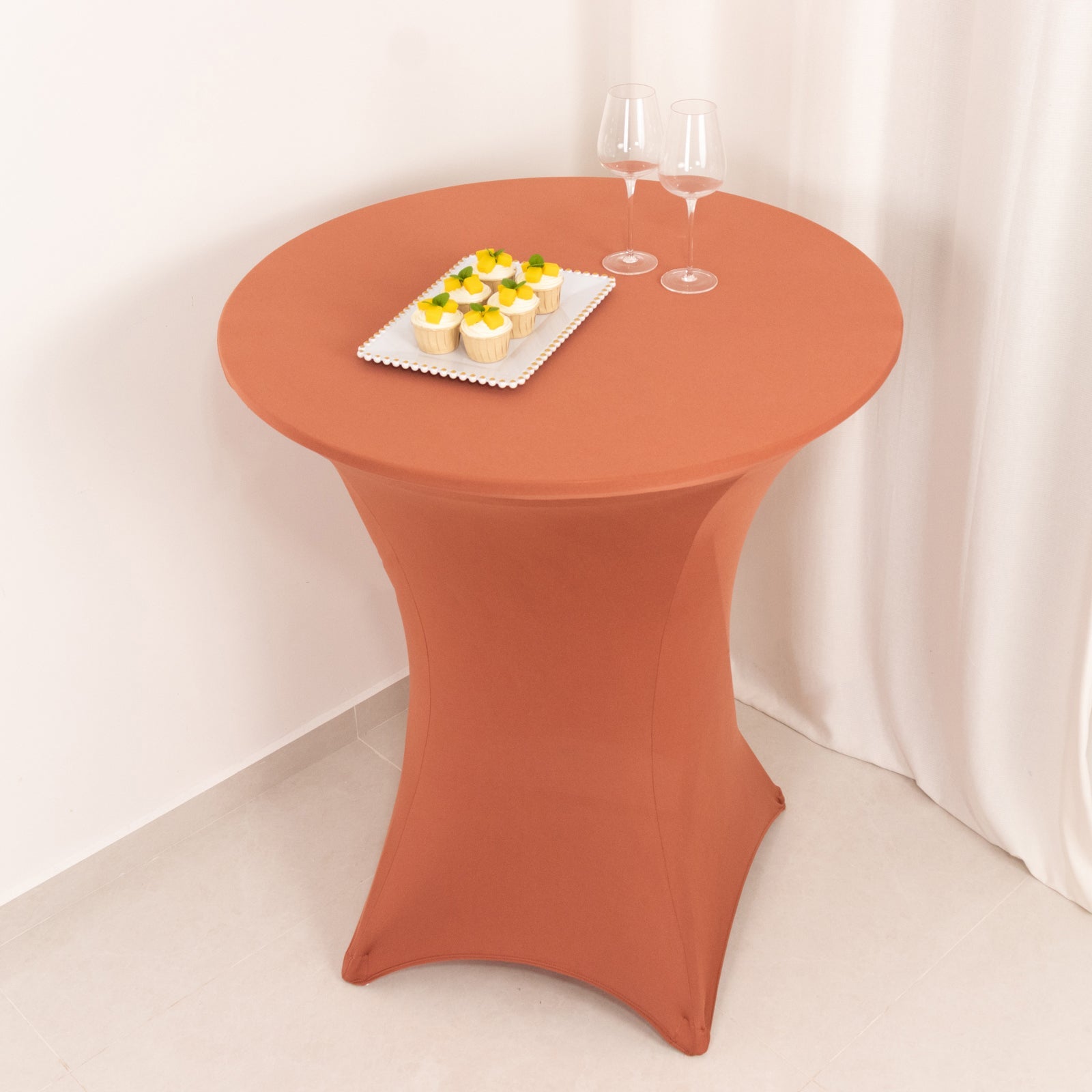 Stretchable Spandex Cocktail Table Cover in Terracotta (Rust) - Easy Maintenance for 33 - 36' Tables
