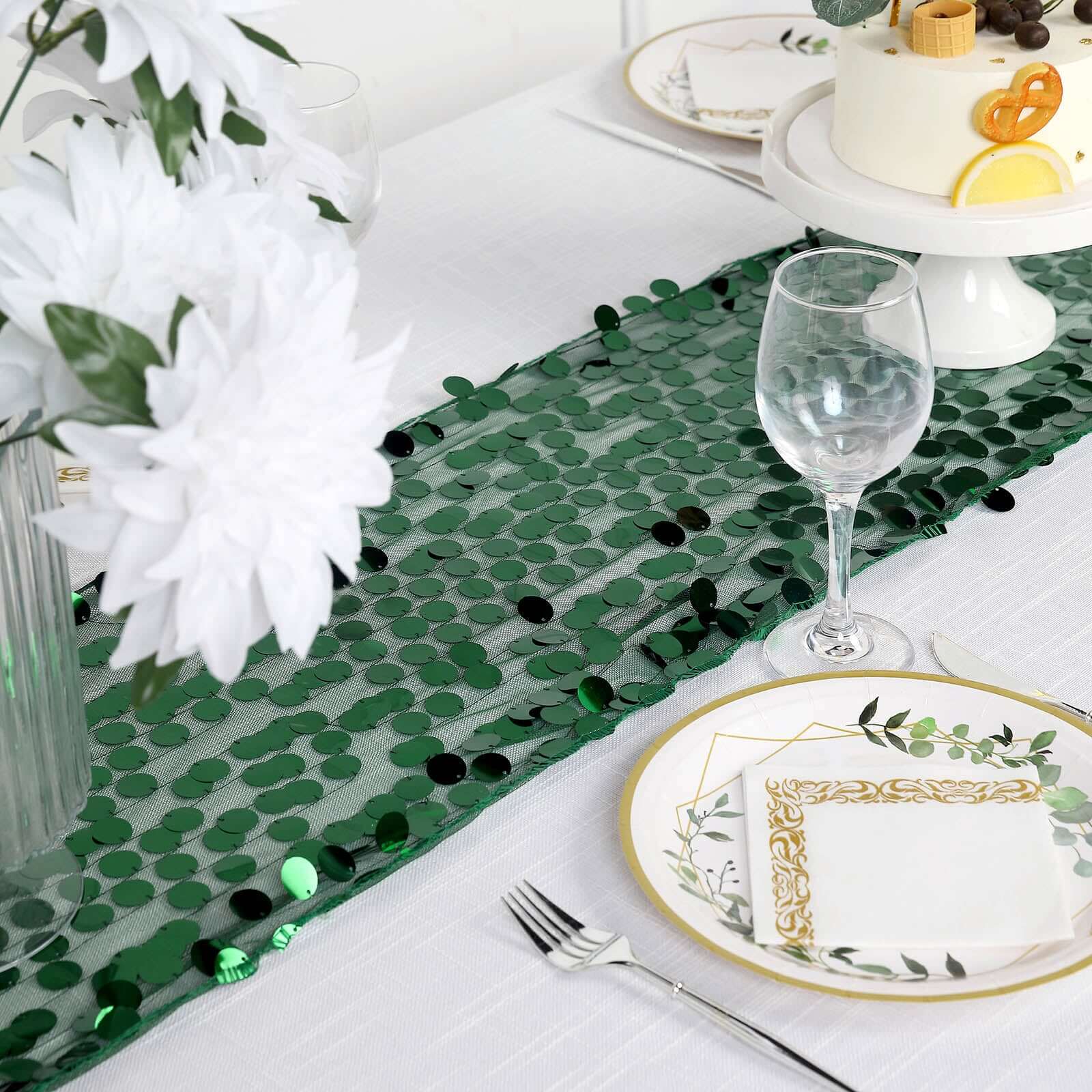 13x108 Hunter Emerald Green Big Payette Sequin Table Runner - Stunning Design