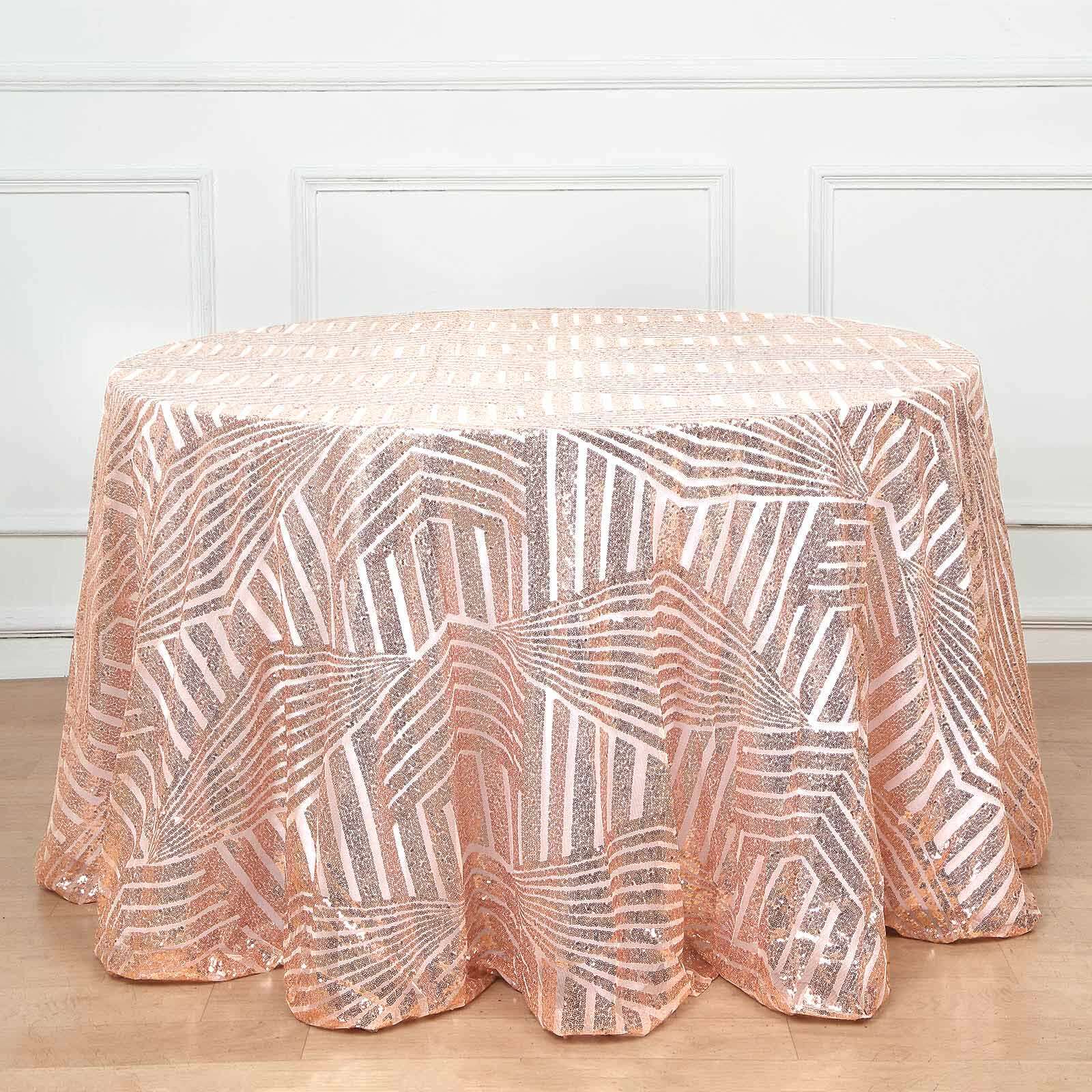 120-inch Rose Gold Seamless Sequin Round Tablecloth with Diamond Glitz