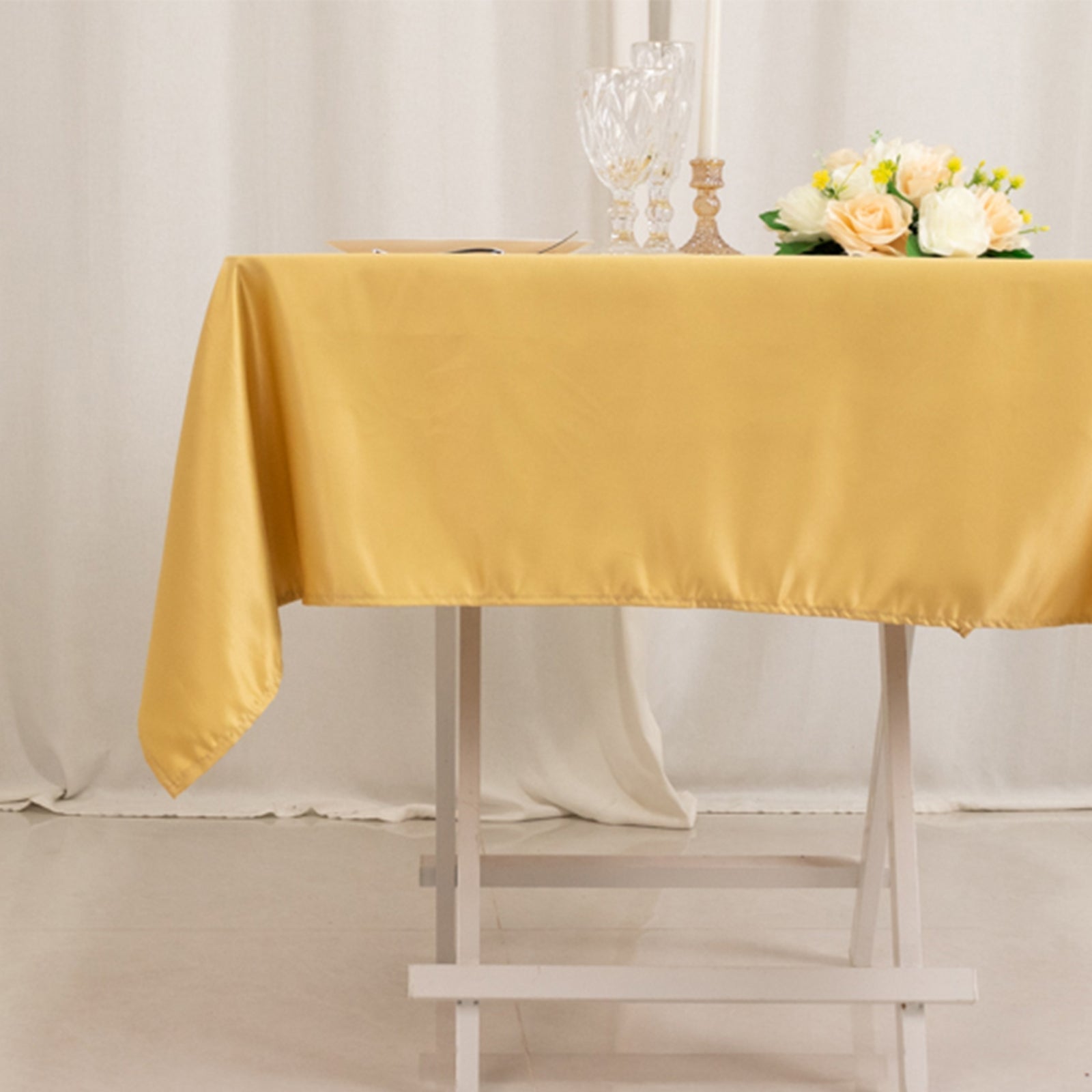 Champagne Lamour Satin 54x54 Square Tablecloth - Durable, Silk - like Cover
