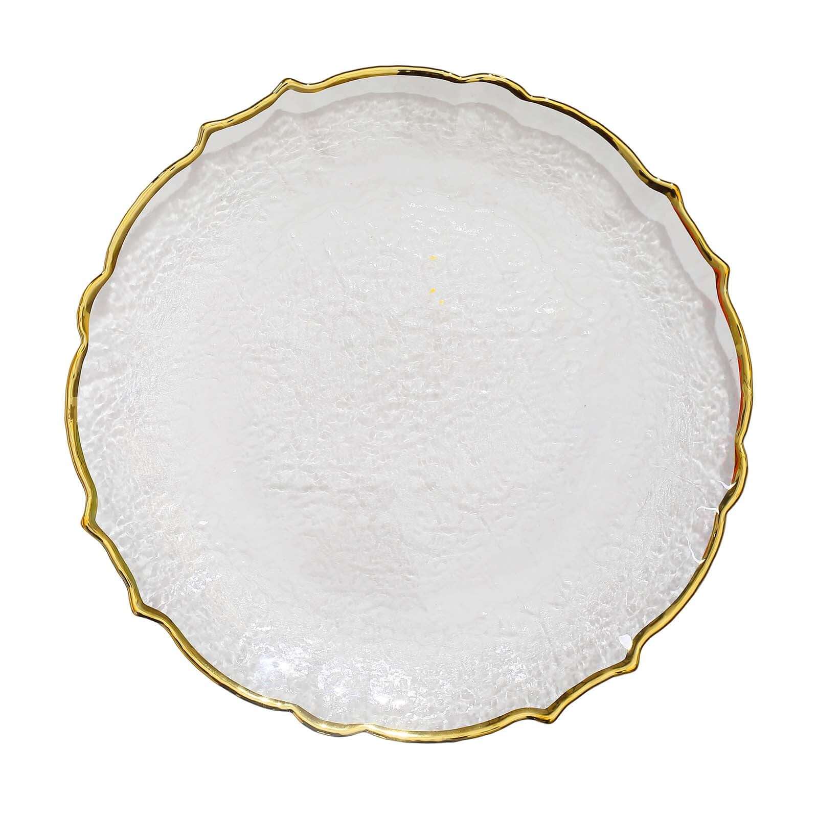 8-Piece Set of 13-Inch Clear Glass Charger Plates with Gold Sunflower Scalloped Edges
