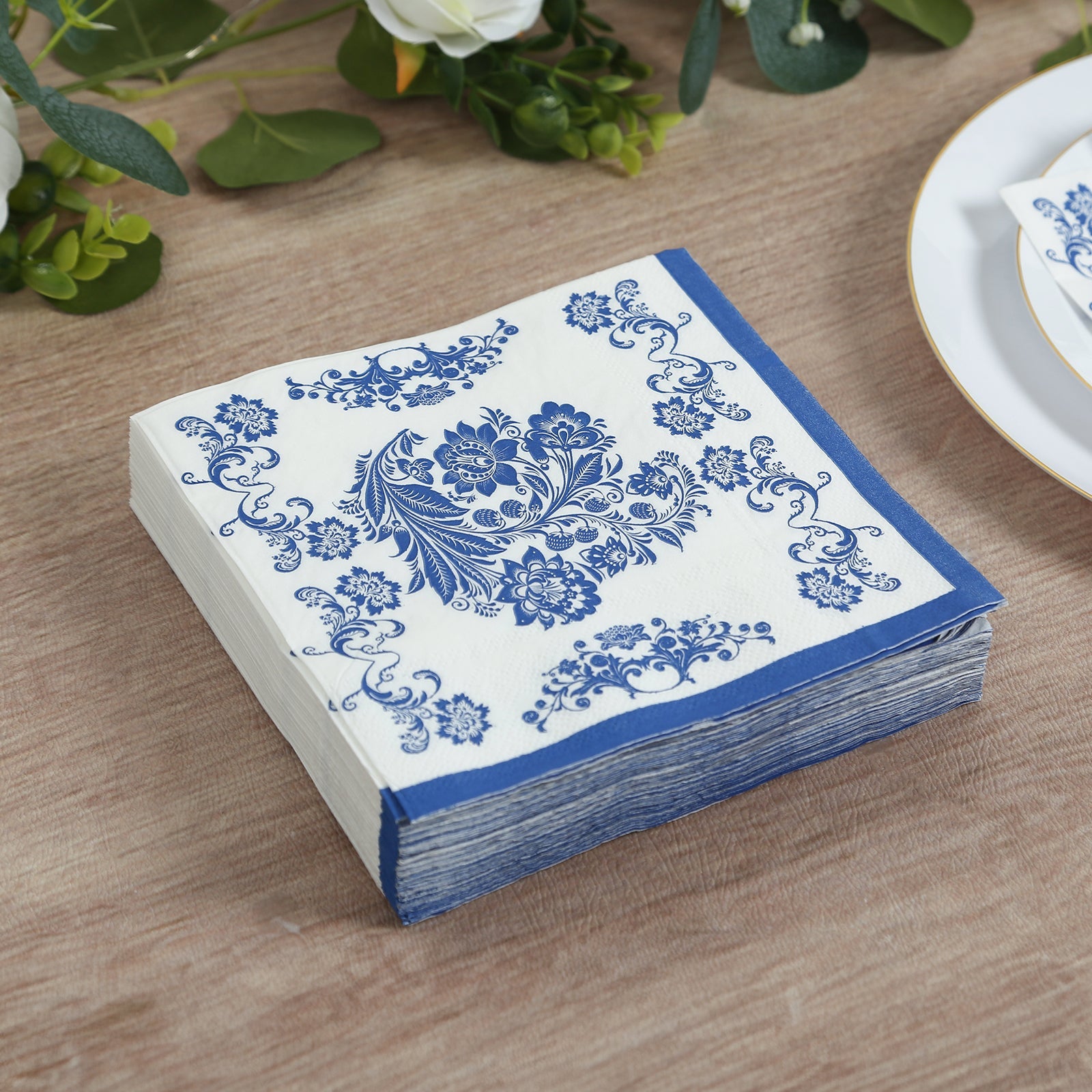50-Pack Disposable 2-Ply Paper Cocktail Napkins in White & Royal Blue Damask - Soft & Highly Absorbent