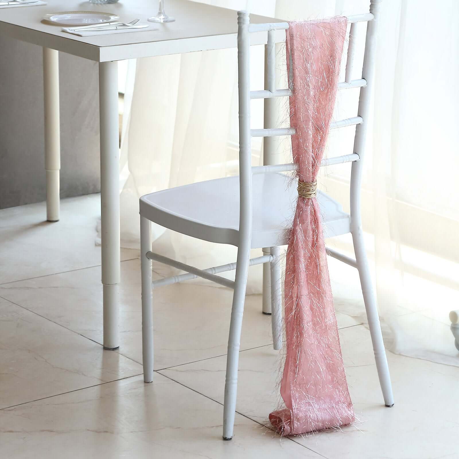 5-Pack Rose Gold Polyester Chair Sashes with Metallic Tinsel Fringe - Easy-to-Use Bows