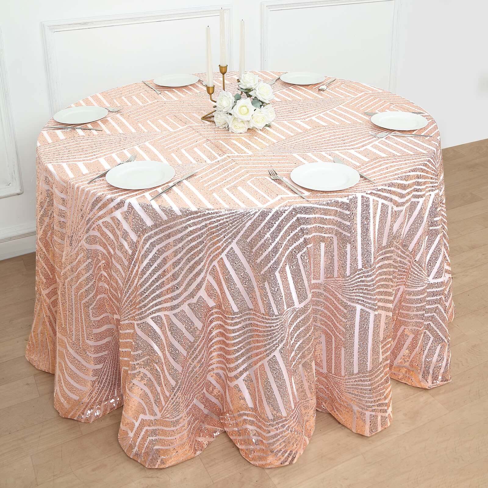 120-inch Rose Gold Seamless Sequin Round Tablecloth with Diamond Glitz