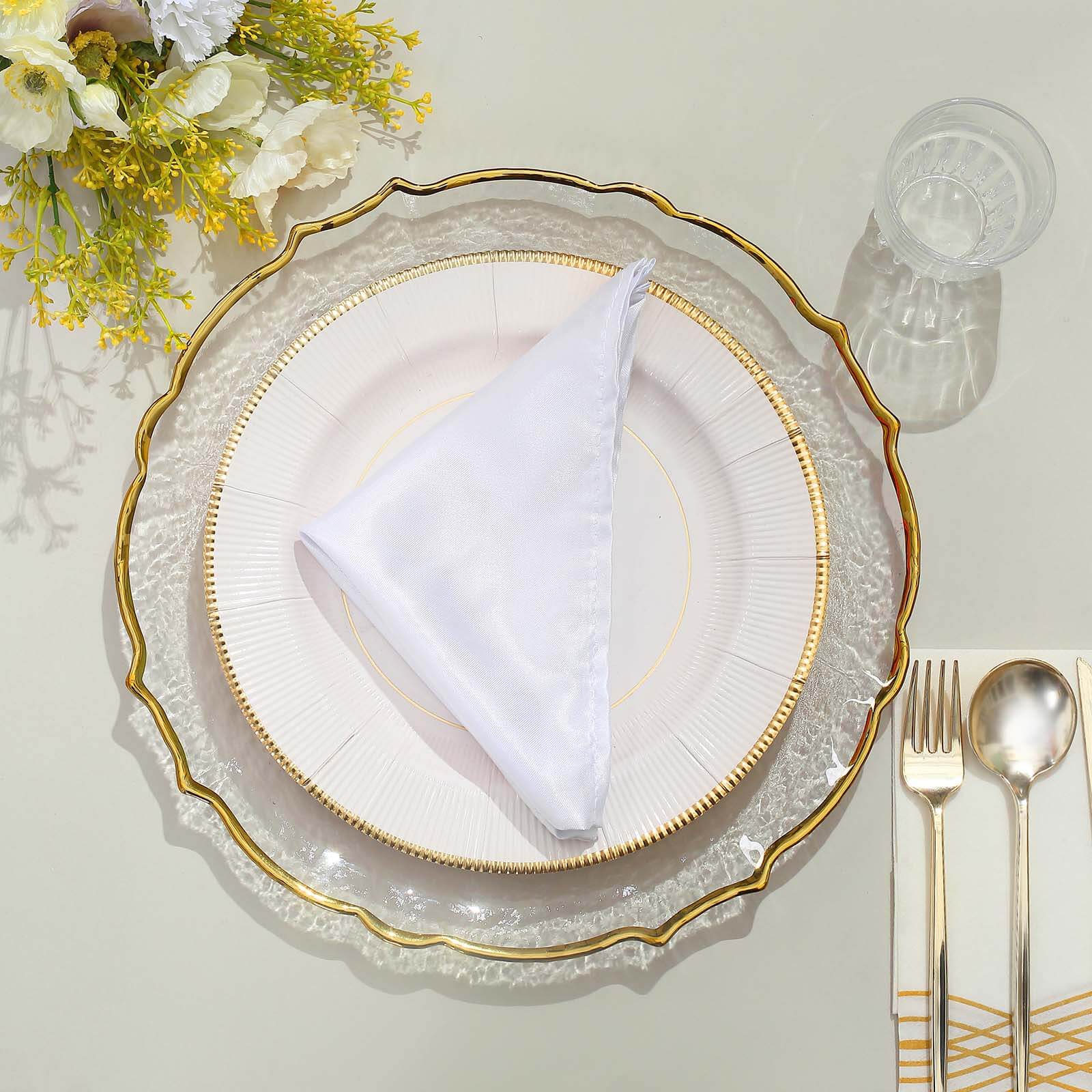 8-Piece Set of 13-Inch Clear Glass Charger Plates with Gold Sunflower Scalloped Edges