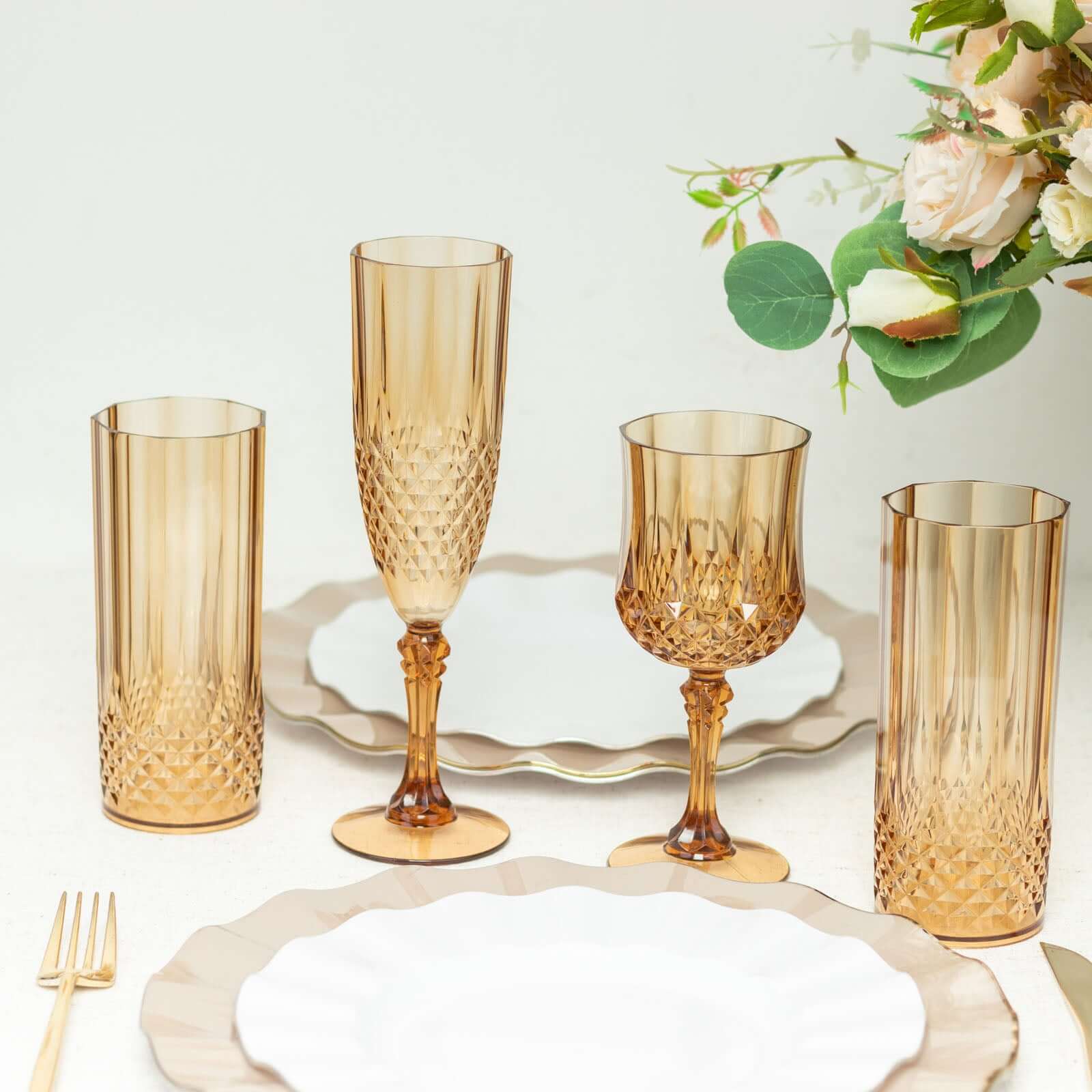 6-Piece Set of Reusable 8oz Amber Gold Plastic Champagne Toast Flutes with Crystal Cut Design