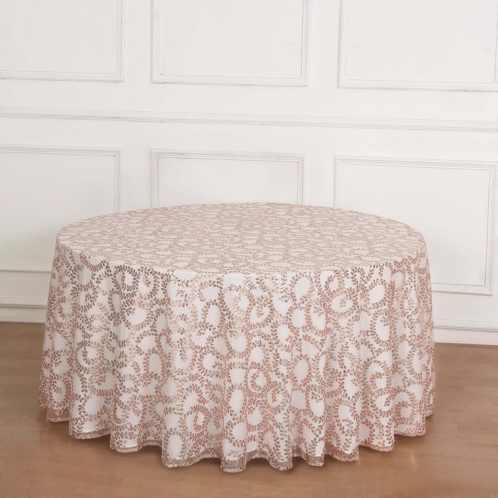 Hot Sale! 120' Round Seamless Rose Gold Tulle Tablecloth with Embroidered Sequin Leaf Design