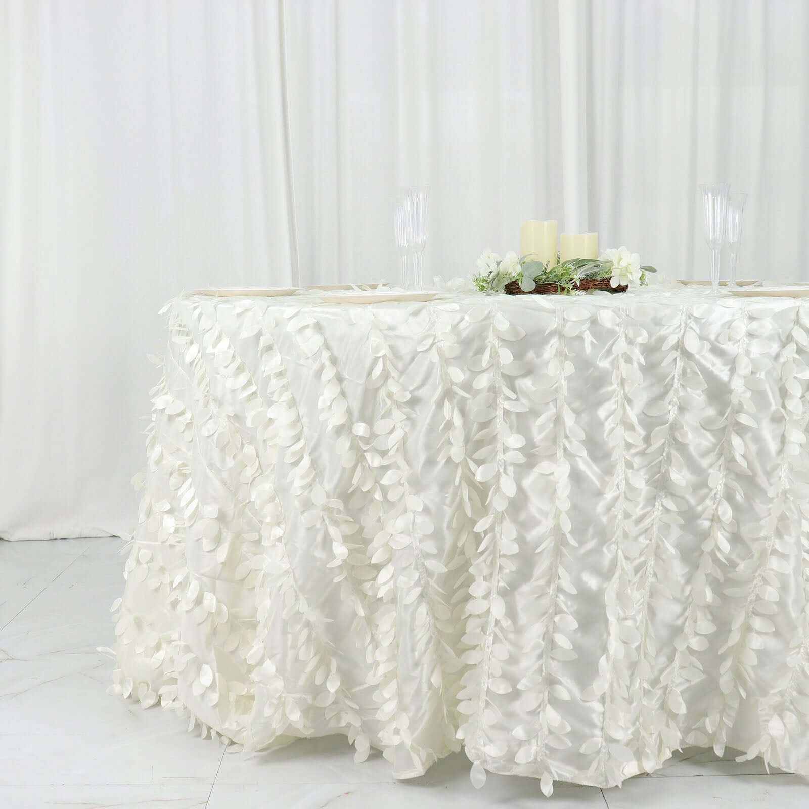 Ivory 132' Taffeta Round Tablecloth with Stunning 3D Leaf Petal Design