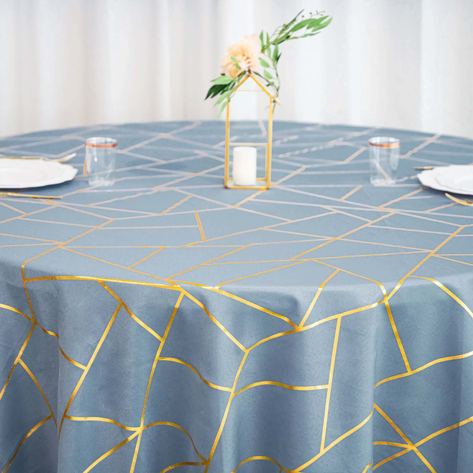 Hot Sale! Wrinkle-Resistant Seamless Polyester 120' Round Tablecloth in Dusty Blue with Gold Foil Geometric Design