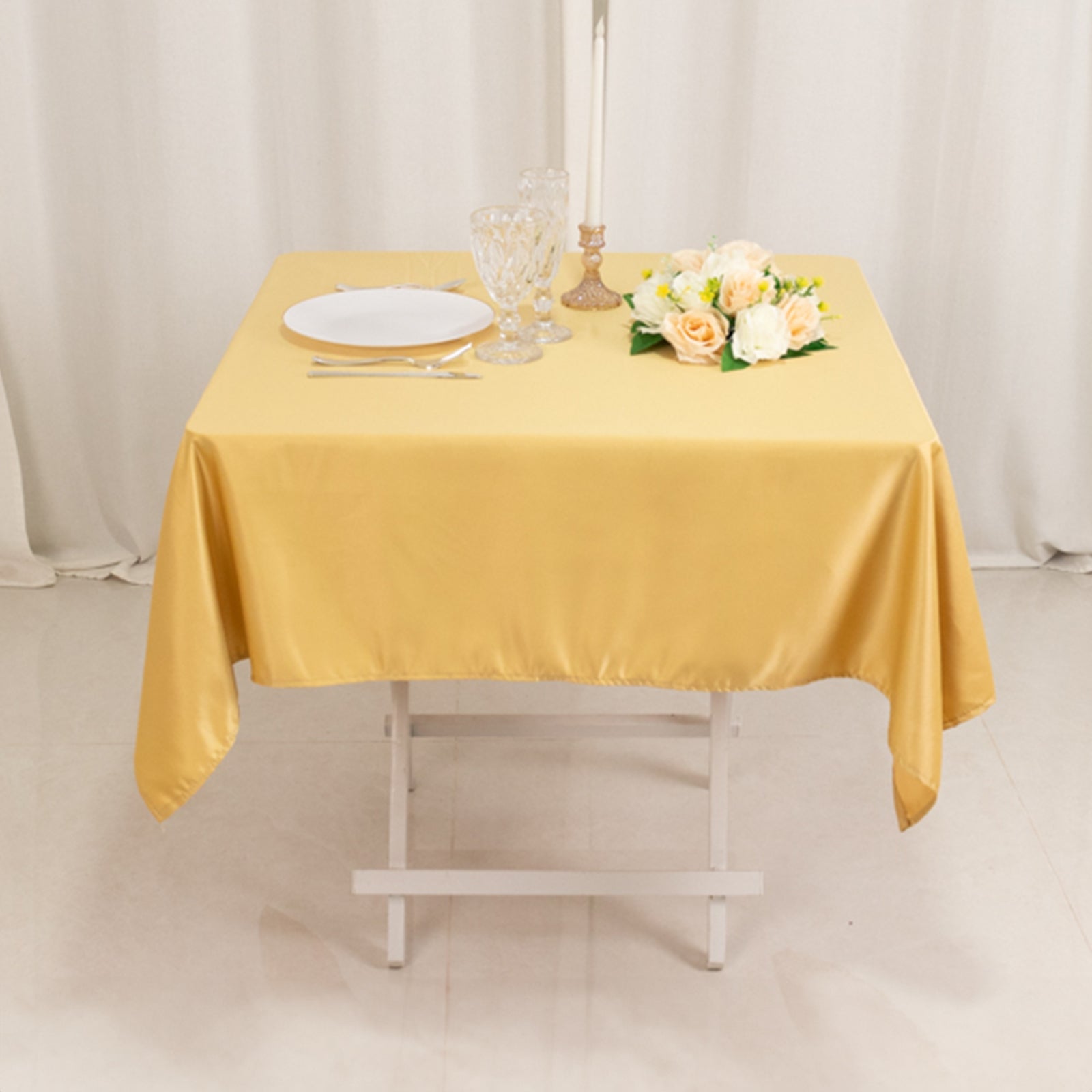 Champagne Lamour Satin 54x54 Square Tablecloth - Durable, Silk - like Cover