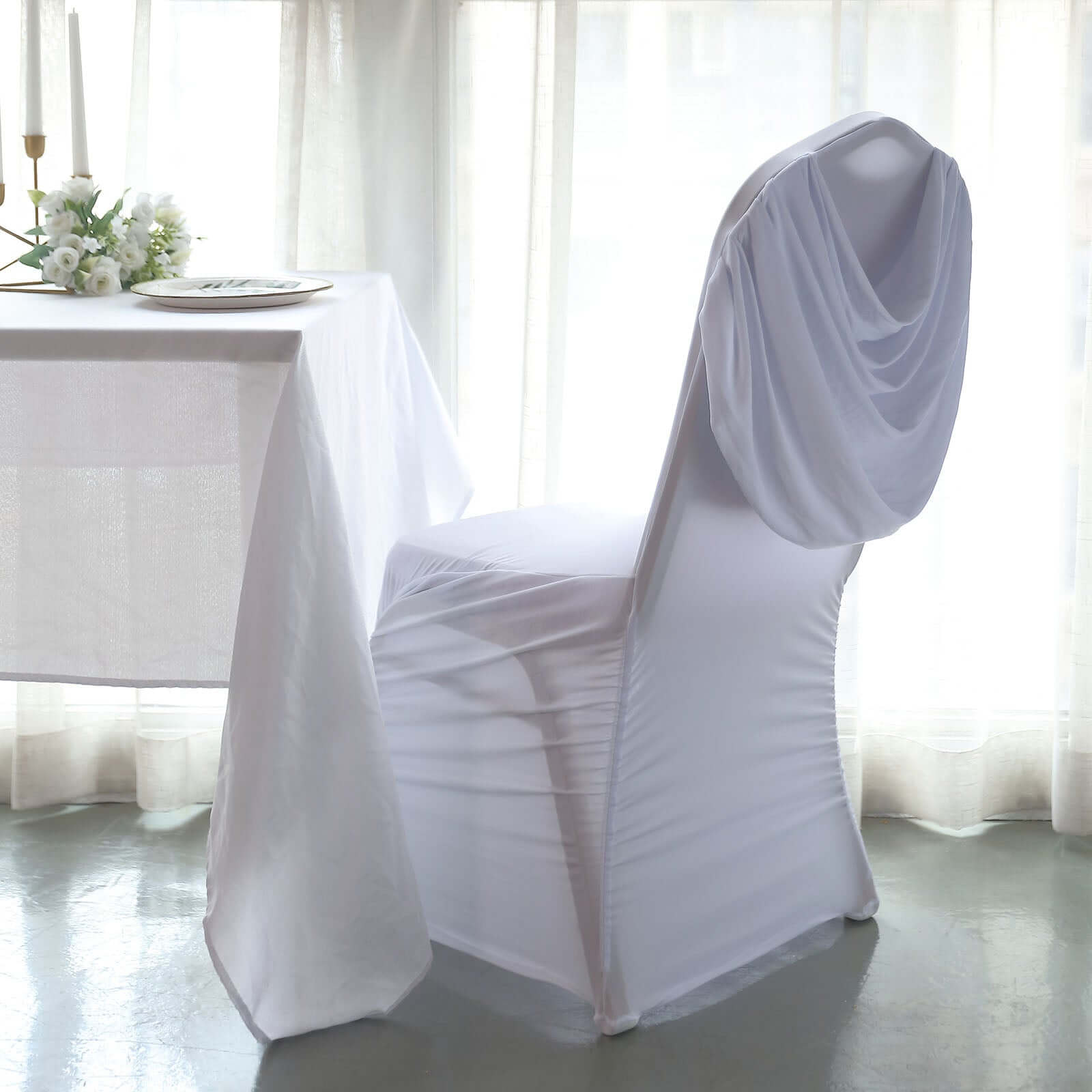Stylish White Spandex Banquet Chair Cover with Ruched Swag Back & Foot Pockets for Weddings