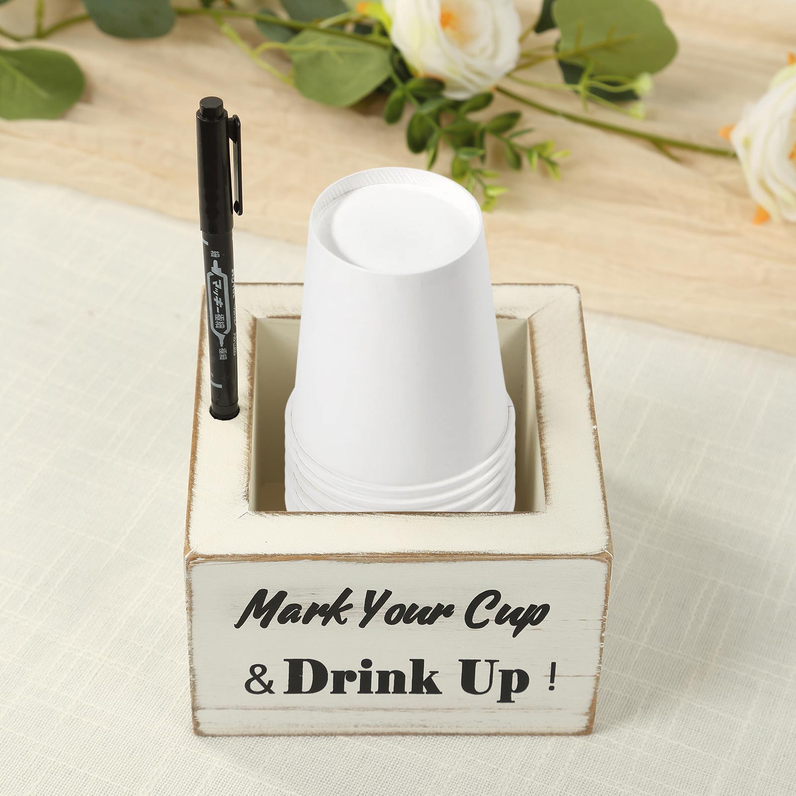Whitewashed Rustic Wooden Solo Cup Holder with Black Marker for Farmhouse Parties, 5.5 inches