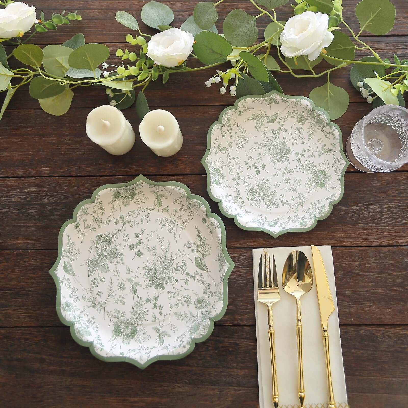 25-Pack Disposable 10-Inch White & Sage Green French Toile Party Dinner Plates - Ideal for Classy Events
