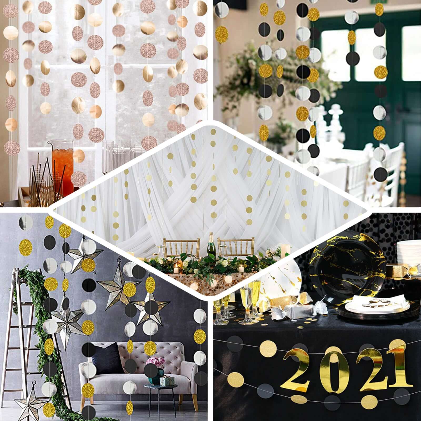 Hot Sale! 3-Piece Set of 7.5ft Gold Glitter Circle Dot Party Paper Garland Banners for Hanging Backdrops