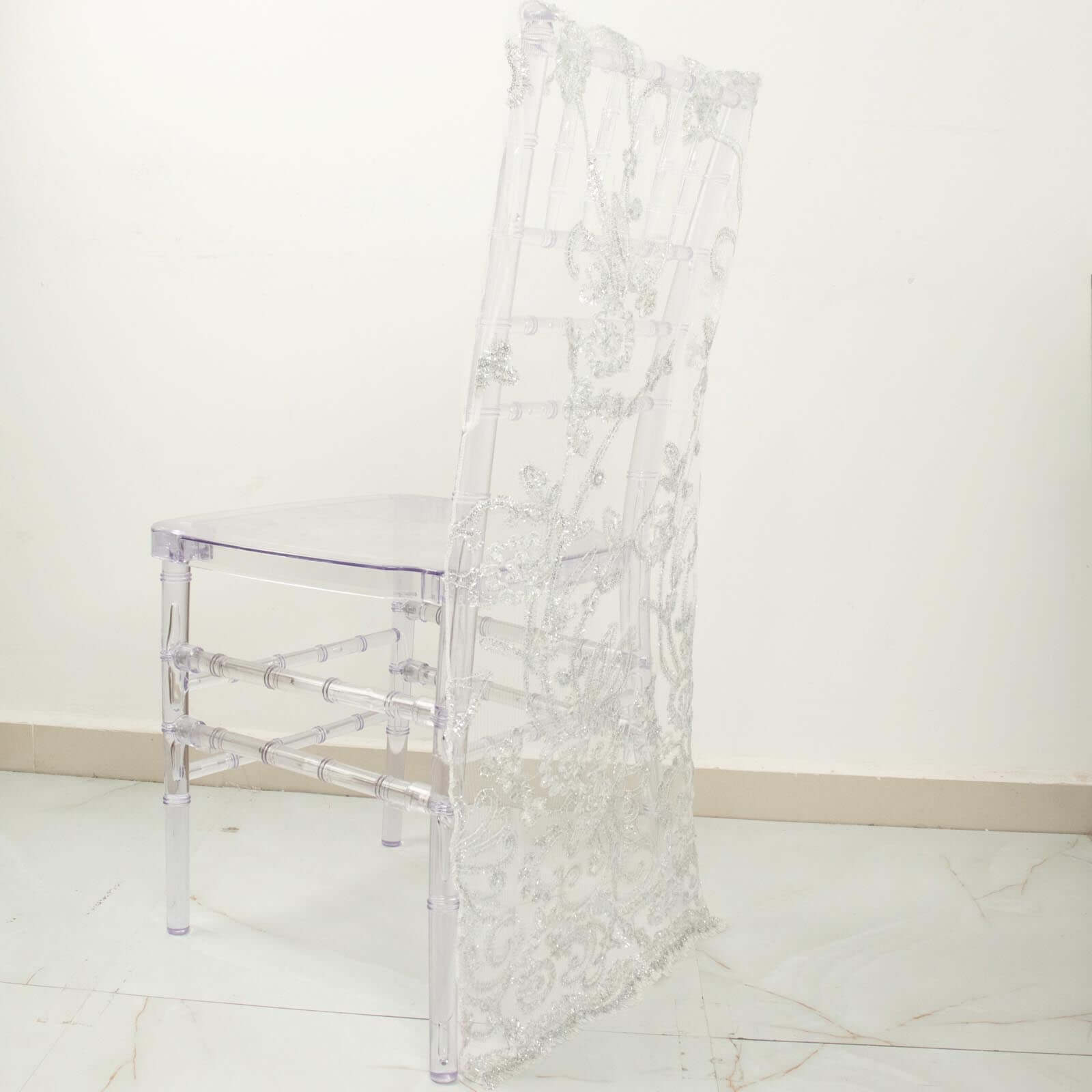 White Organza Chiavari Chair Slipcover with Floral Sequin Embroidery - Ideal for Weddings