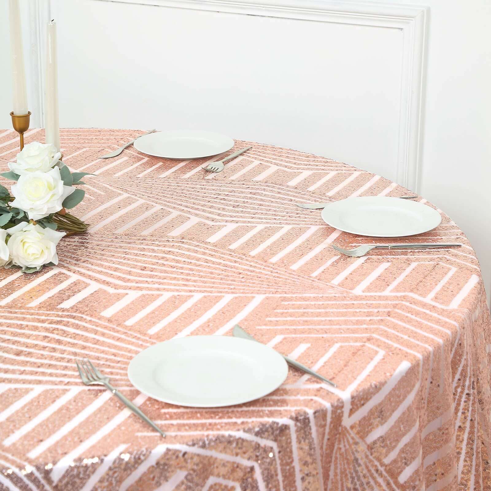 120-inch Rose Gold Seamless Sequin Round Tablecloth with Diamond Glitz