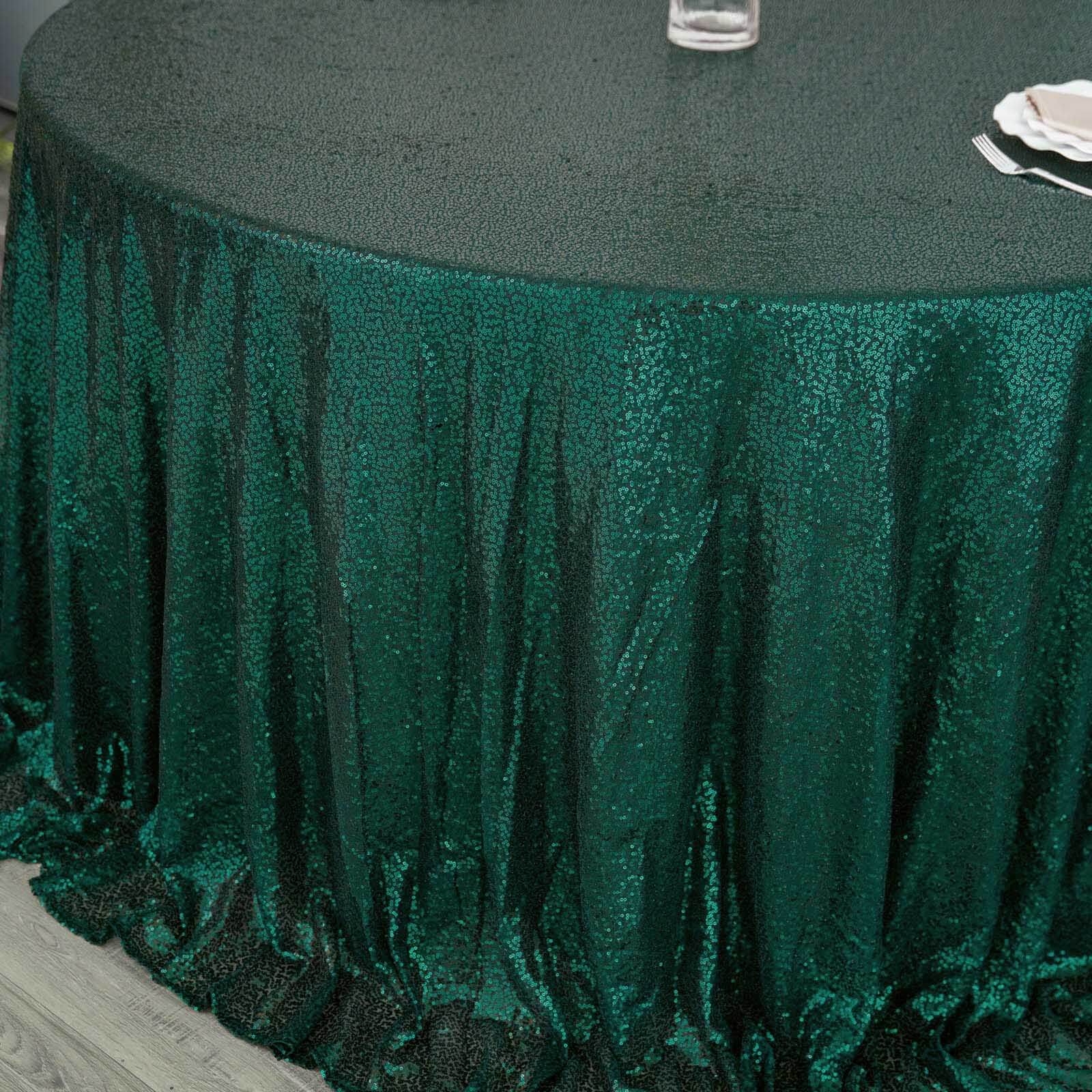 Hunter Emerald Green Seamless 132' Round Sequin Tablecloth - Dazzling Table Cover