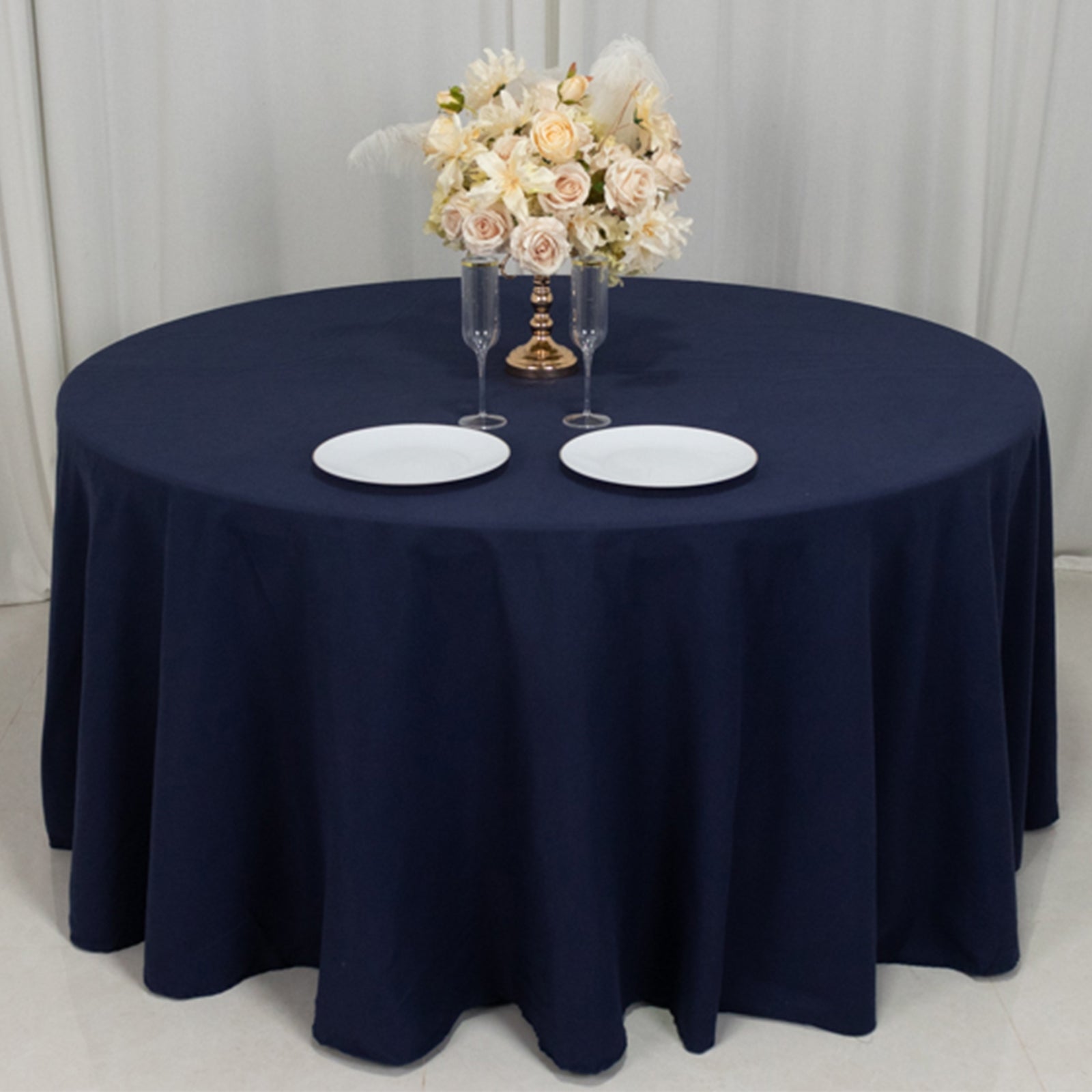 Navy Blue 120" Cotton Blend Seamless Wrinkle-Resistant Round Tablecloth - Ideal for Events!