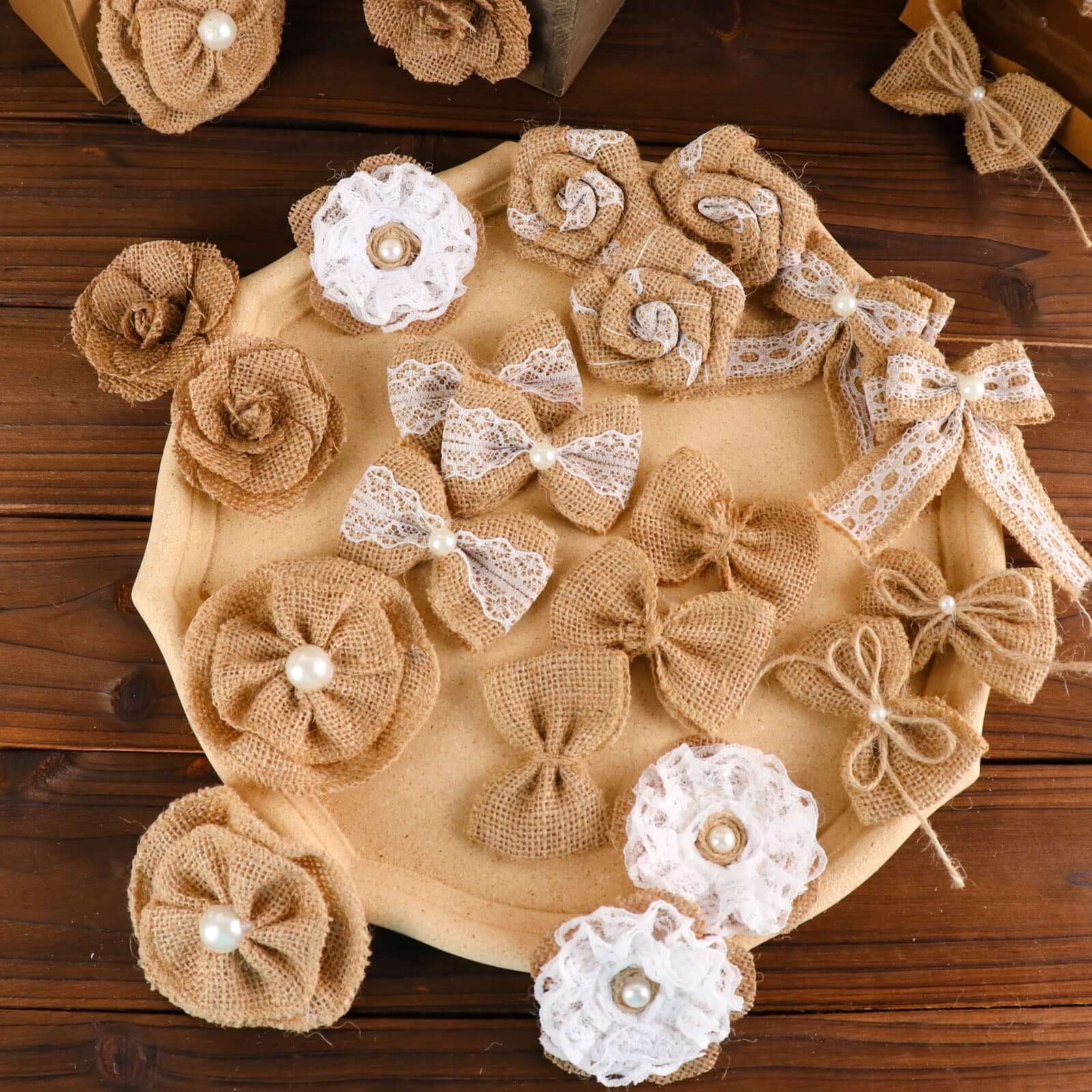24 Pcs Natural Burlap Flower and Bow Set with Lace Ribbon, 8 Assorted Styles, 30 Sticker Dots Included