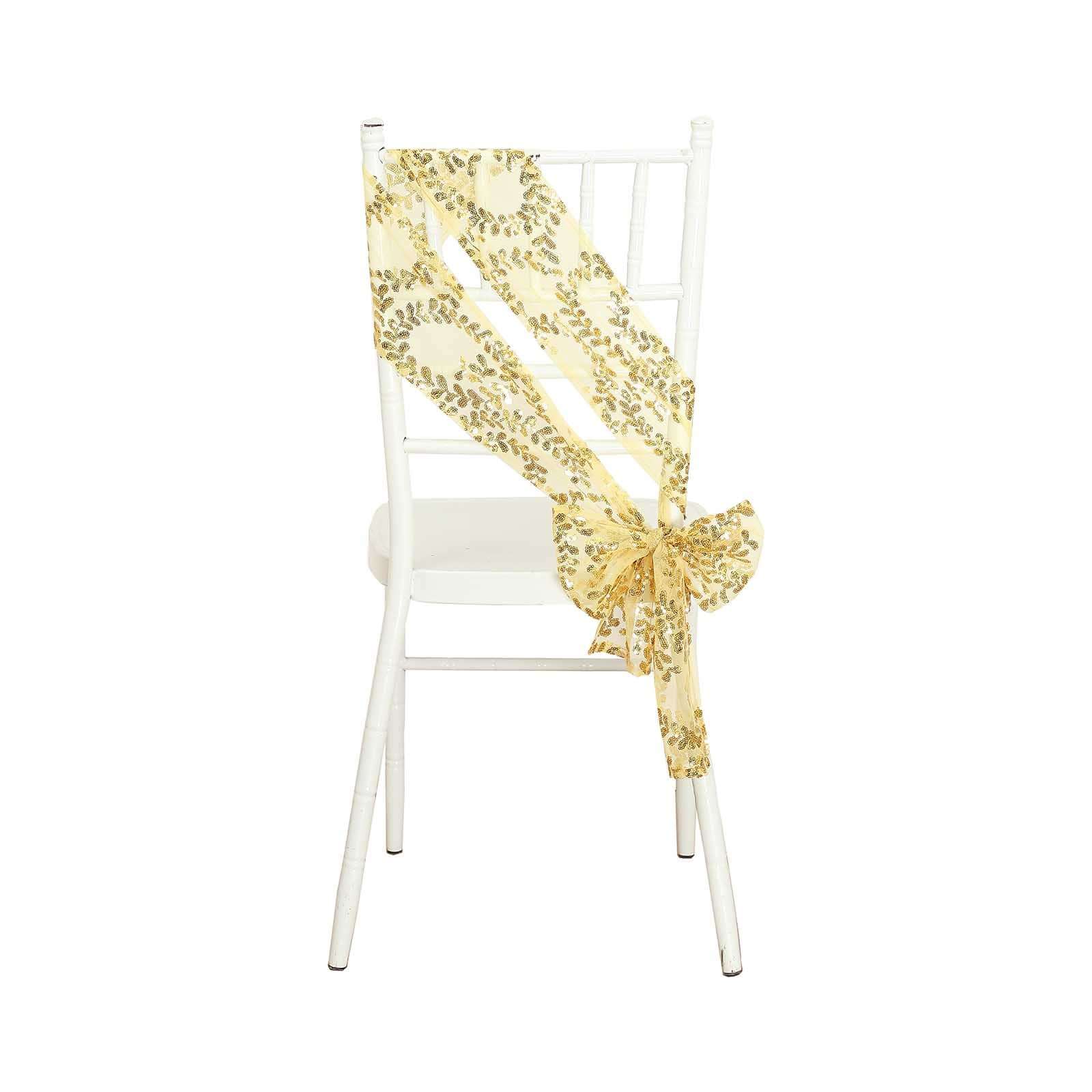 Set of 5 Gold Tulle Chair Sashes with Leaf Vine Embroidered Sequins, 6x88 - Ideal for Weddings