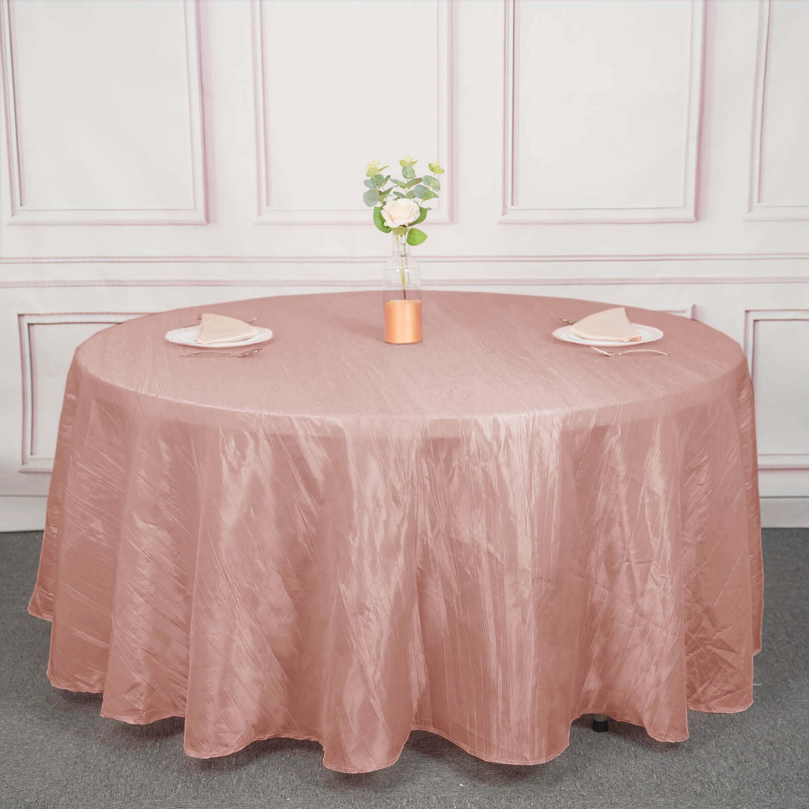 120-Inch Seamless Accordion Crinkle Dusty Rose Taffeta Round Tablecloth