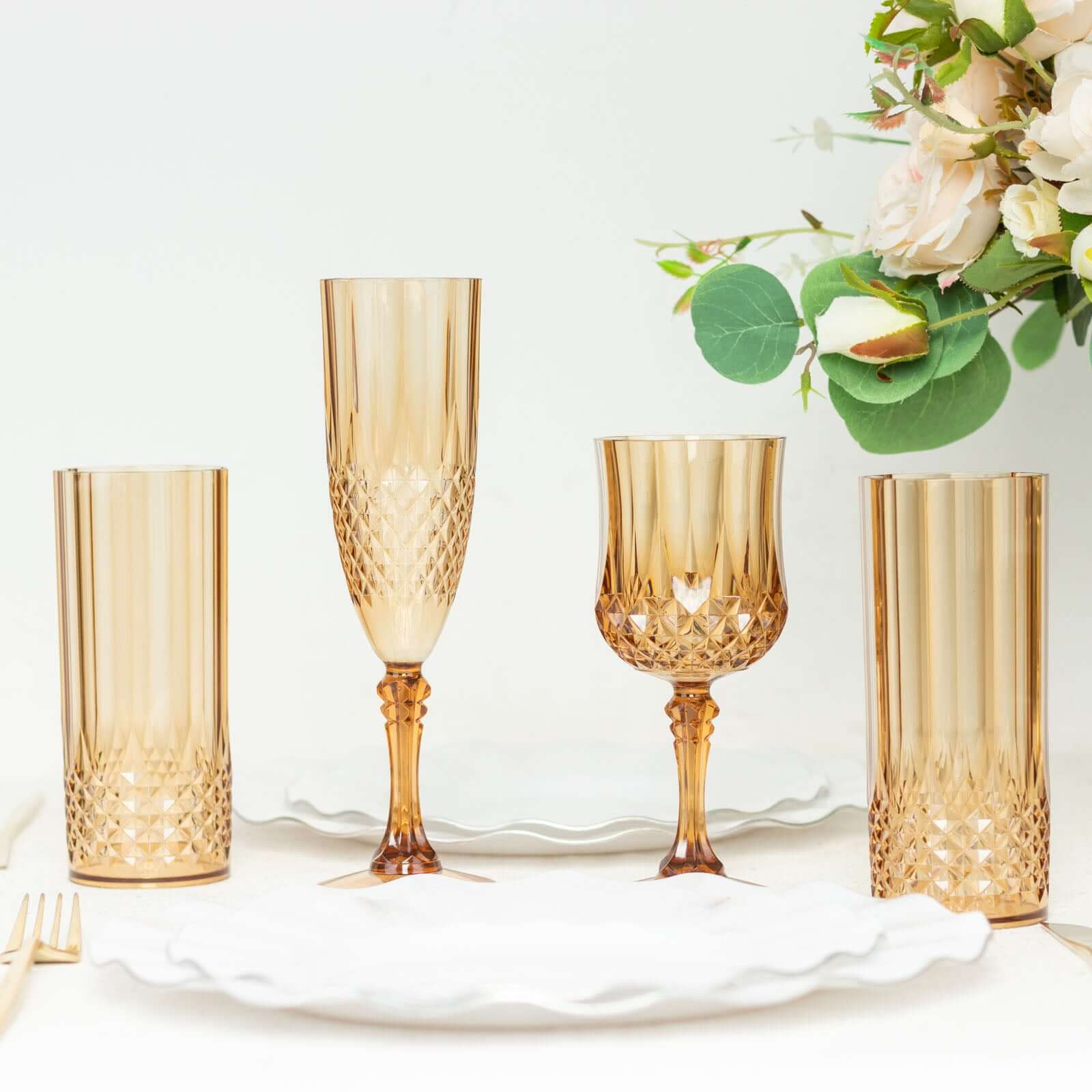 14oz Shatterproof 6-Pack Amber Gold Plastic Cocktail Tumblers with Crystal Cut Style