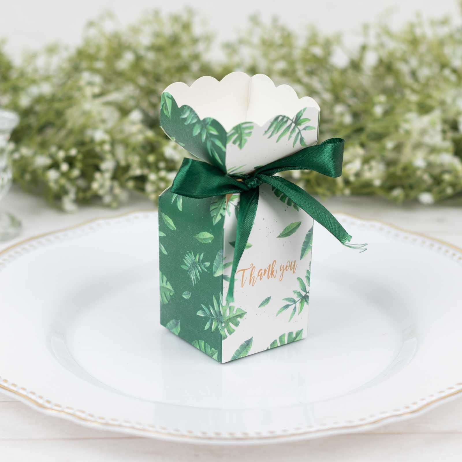 25-Pack Green Leaf Print Satin Ribbon Candy Gift Boxes - Perfect Party Favors
