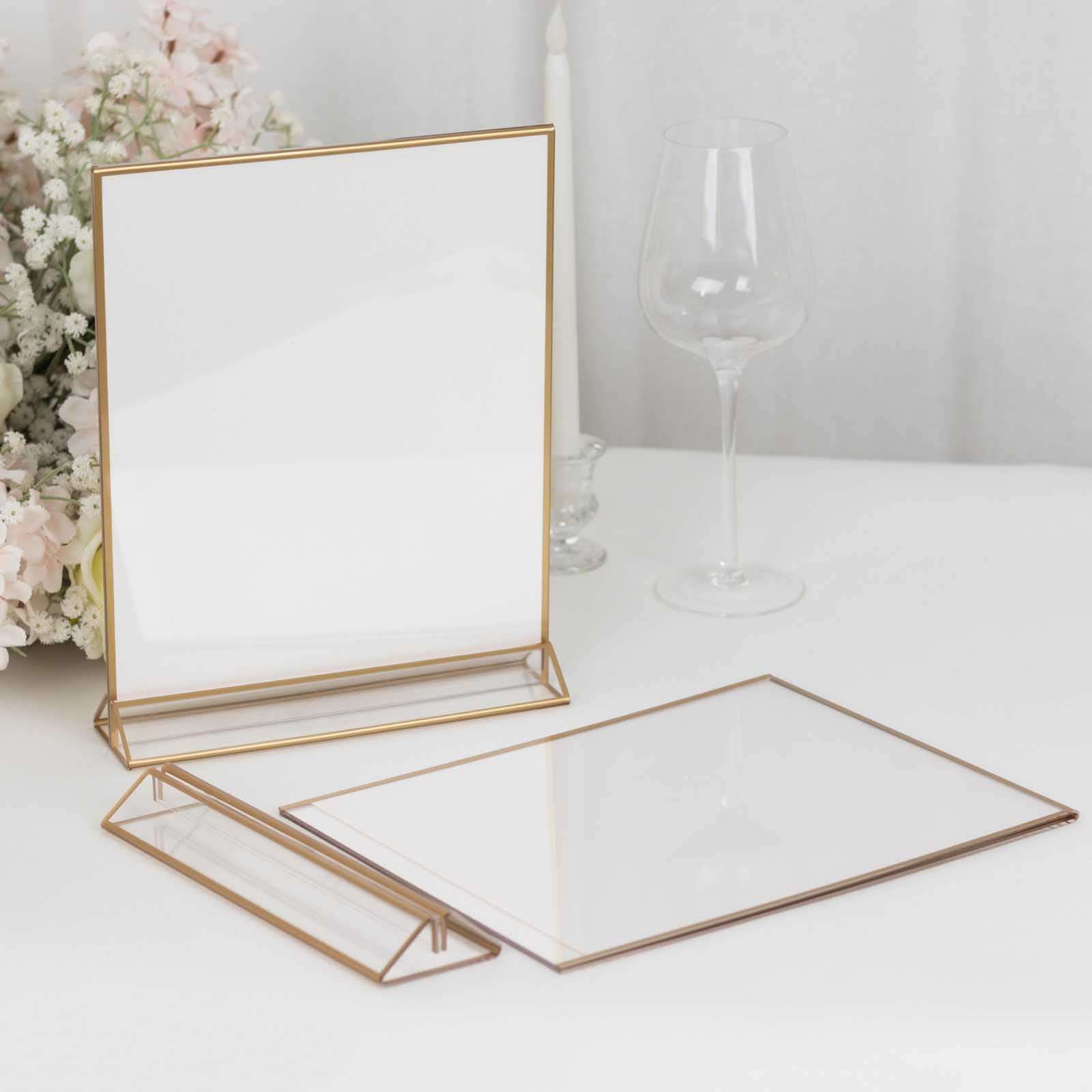 6-Pack Gold Acrylic Rectangular Sign Holders: Double-Sided Clear Display with White Cardboard, Ideal for Banquets 9x11