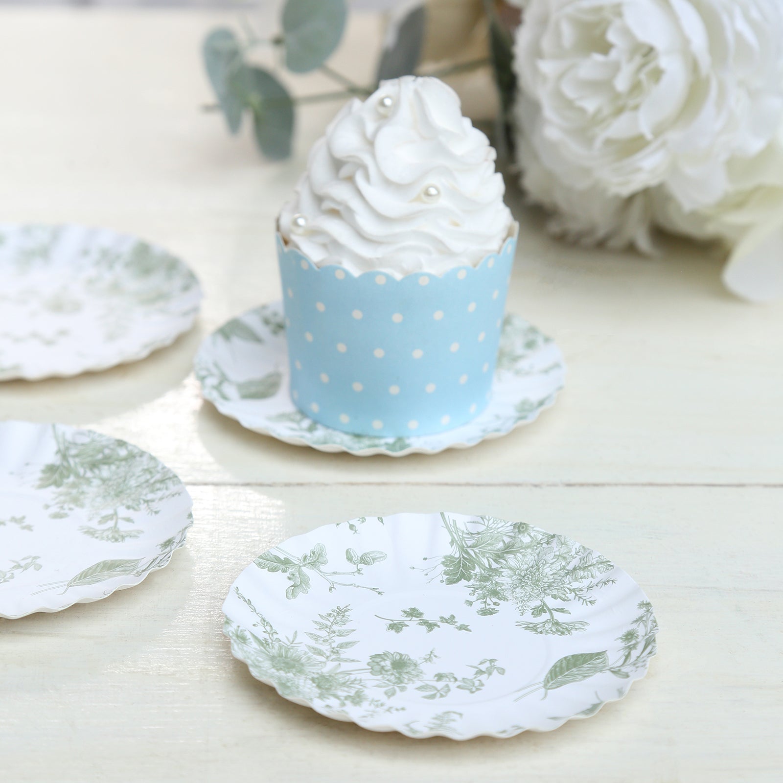 Hot Deal! 100-Pack Disposable 3.5-Inch White & Sage Green French Toile Round Dessert Plates