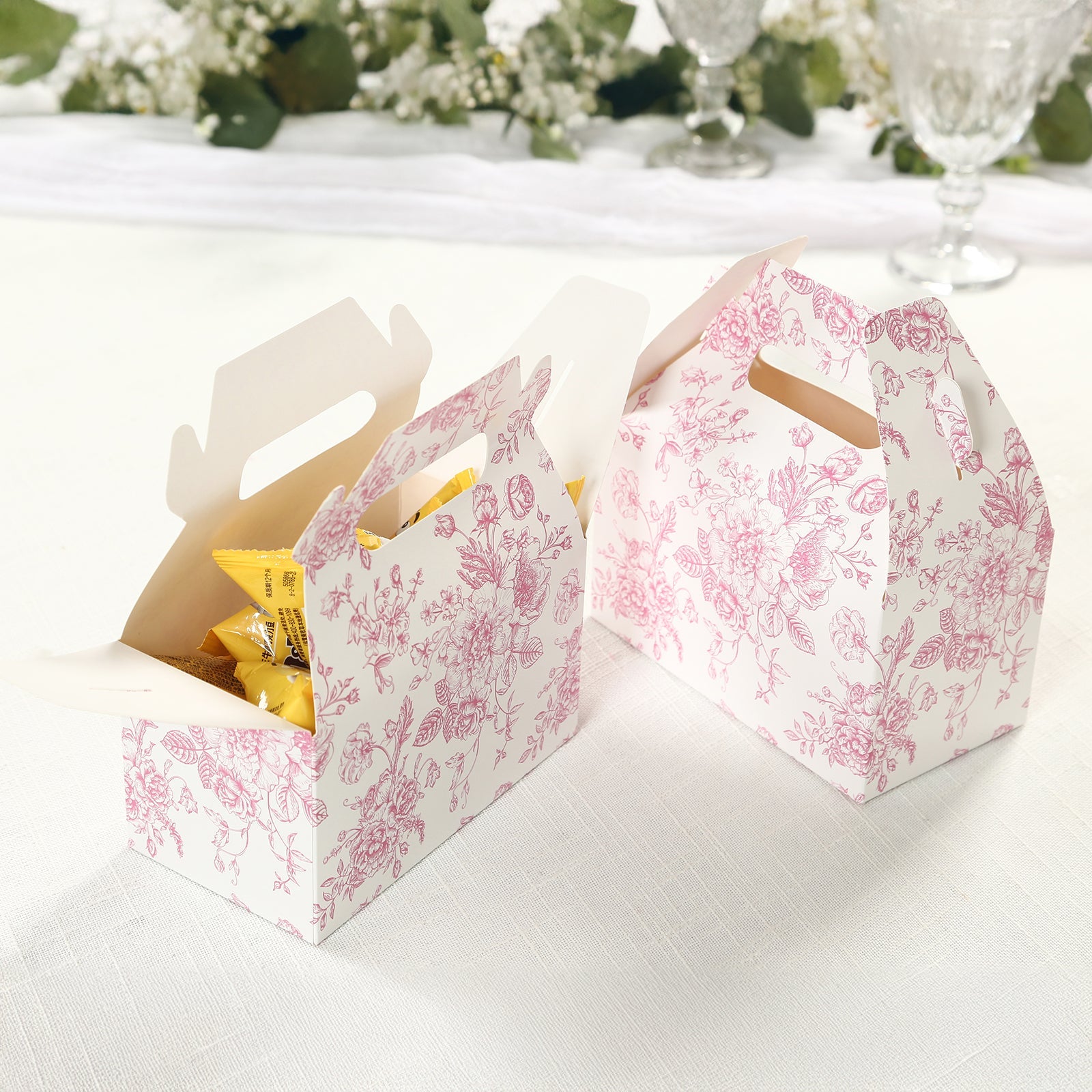 25-Piece Matte Pink and White French Toile Pattern Candy Treat Tote Gable Boxes